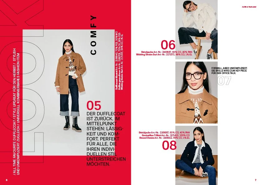 Comfy Looks 6–8 im s.Oliver Red Label Lookbook Women, herbstliche Outfits im rot-weißen Layout, gestaltet von imagespy.