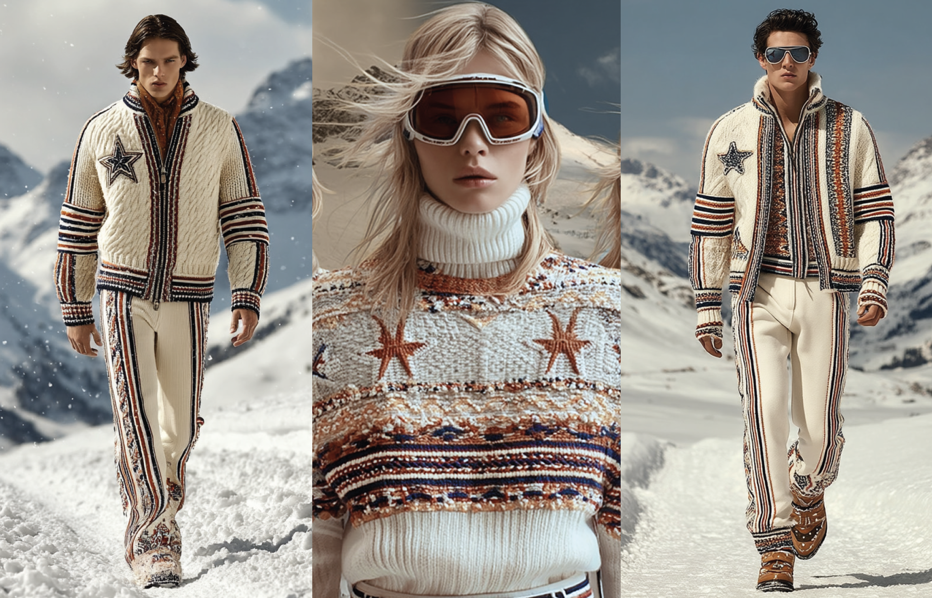 KI-generiertes Visual mit drei Models in Wintermode vor alpiner Berg- und Schneekulisse im Kontext der Olympischen Spiele 2026, erstellt mit Nani von imagespy.