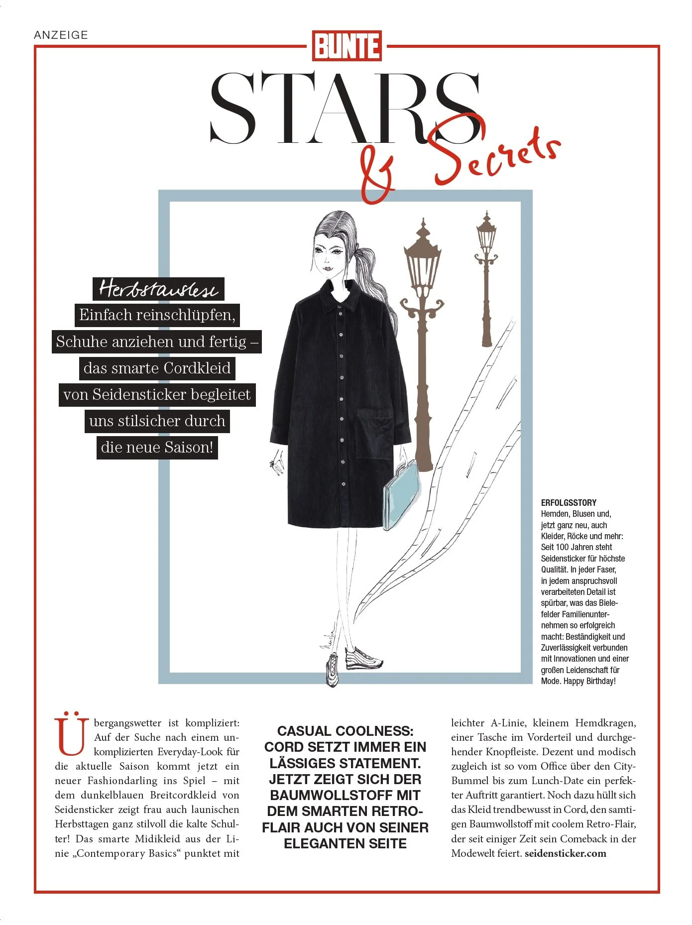 Anzeigenlayout Stars and Secrets von imagespy für Seidensticker in der BUNTE: Illustration eines dunkelblauen Cordkleids mit Retro-Flair.