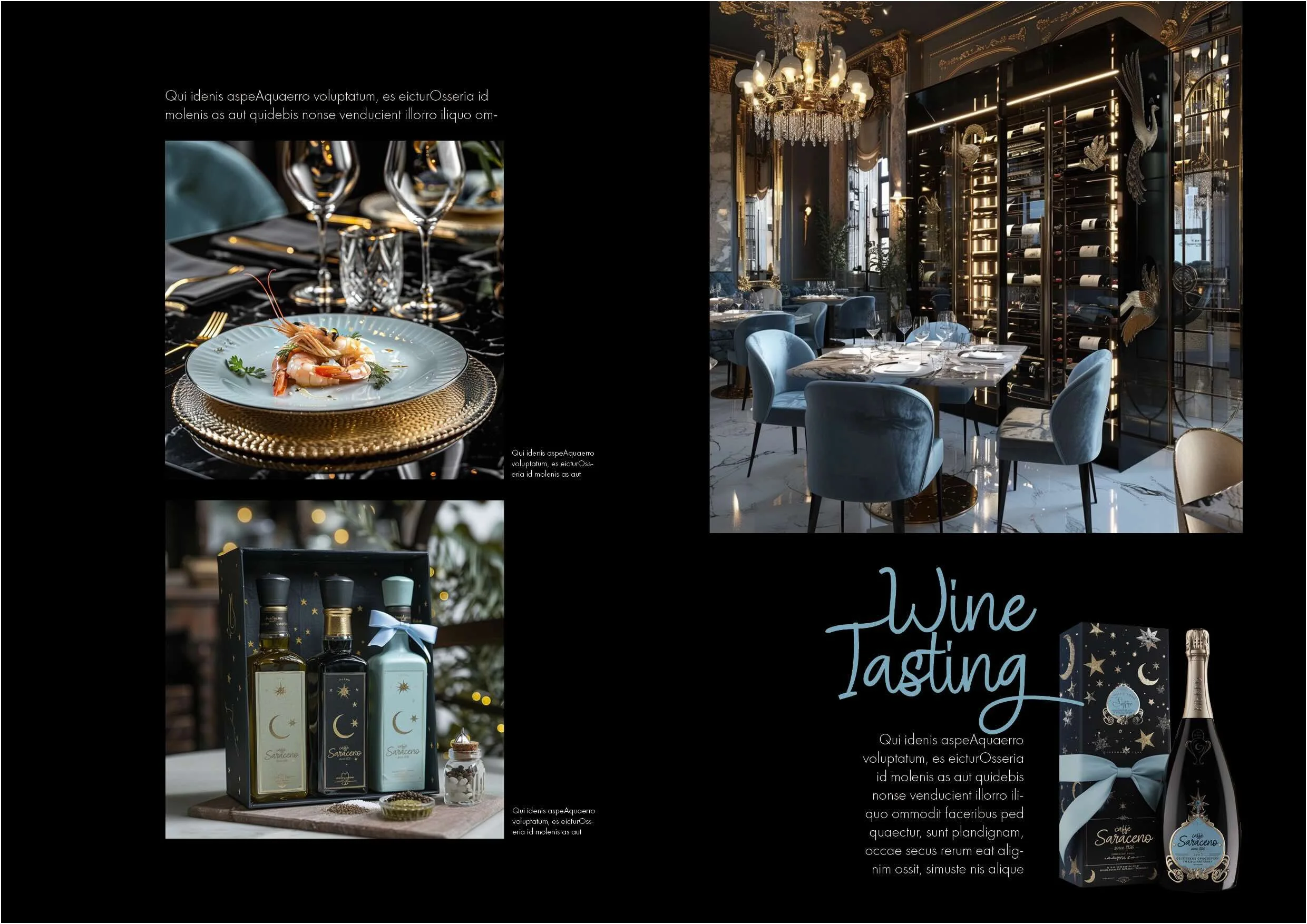 KI-generierte Magazin-Doppelseite „Weintasting“ mit Weinflasche, Öl, Essig, Scampi-Gericht und gedecktem Tisch für das Caffè Saraceno, Konzept von imagespy.