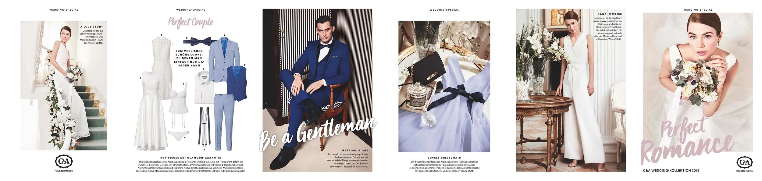 C&A Wedding Special 2019: Editorial-Vorderseite des Leporellos mit Bildern der C&A Wedding Kollektion 2019 – hochwertige Presse-Inszenierung von imagespy für Modejournalisten.