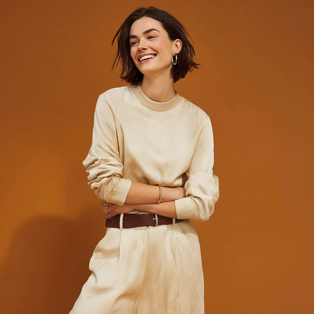 Fashion-Kampagnenmotiv einer Frau in beiger Mode, generiert mit dem AI-Tool Nani von imagespy aus einem Product Shot.