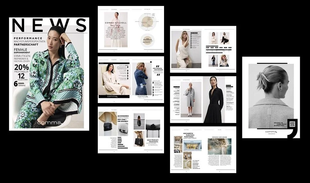 Collage aus acht Seiten des comma Brandfolder 2025, modernes Editorial-Layout, umgesetzt von imagespy.