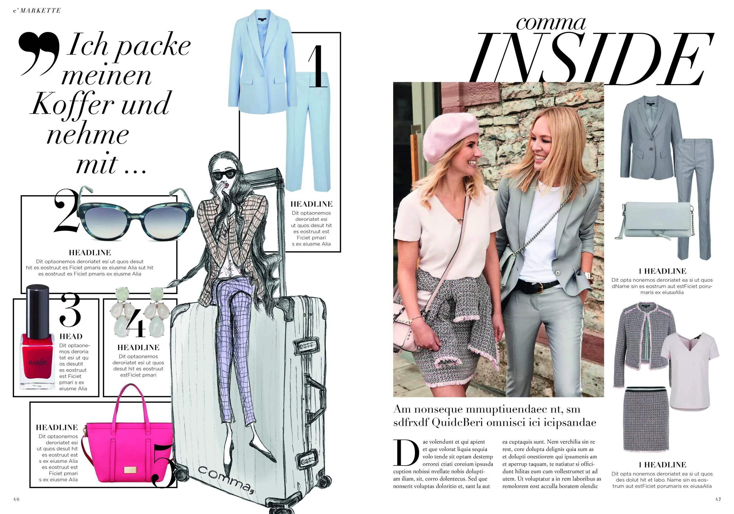 Magazin-Layout comma INSIDE von imagespy: Kreative Travel-Illustration und Lifestyle-Fotografie für moderne Business-Mode.