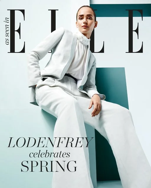 Covermotiv 2019 für Lodenfrey in ELLE: Model sitzend in weißem Anzug von Fabiana Filippi, High-End-Fashion mit unangestrengter Eleganz und „Celebrating Spring“-Mood, inszeniert von imagespy.