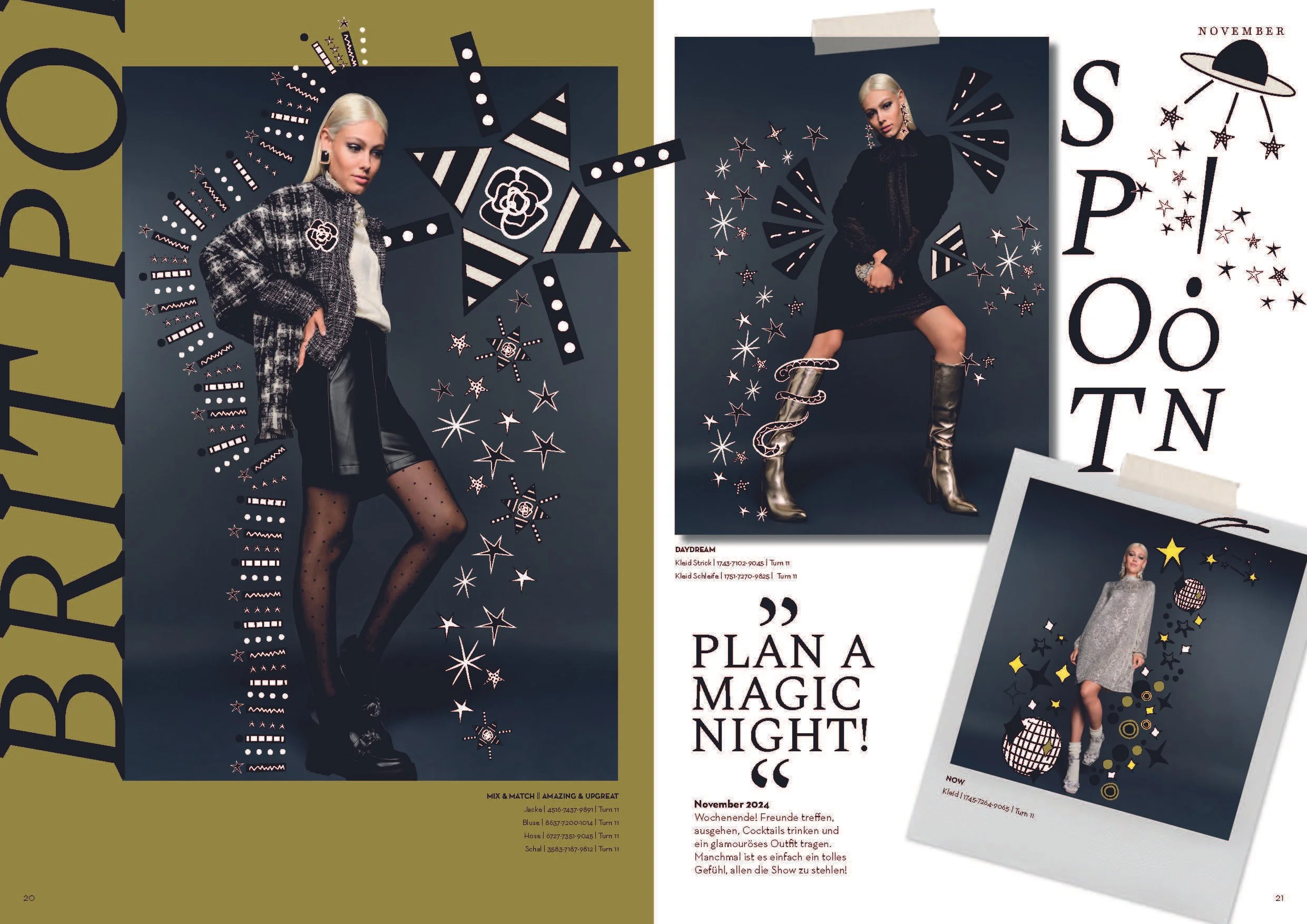 Von imagespy inszeniertes Editorial-Design für das Cartoon Fashion Diary mit festlicher November-Mode, kreativen Sternen-Illustrationen und modernen Ausgeh-Looks.