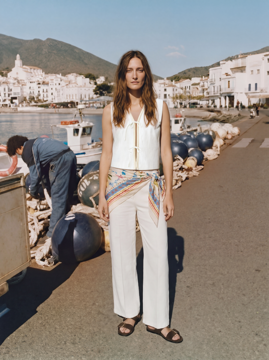 on imagespy per KI erstellte Erweiterung einer Mode-Kampagne: Model in weißem Outfit mit buntem Hüfttuch an einer mediterranen Hafenkulisse zur Konsistenzwahrung der Marken-Bildsprache über mehrere Touchpoints.