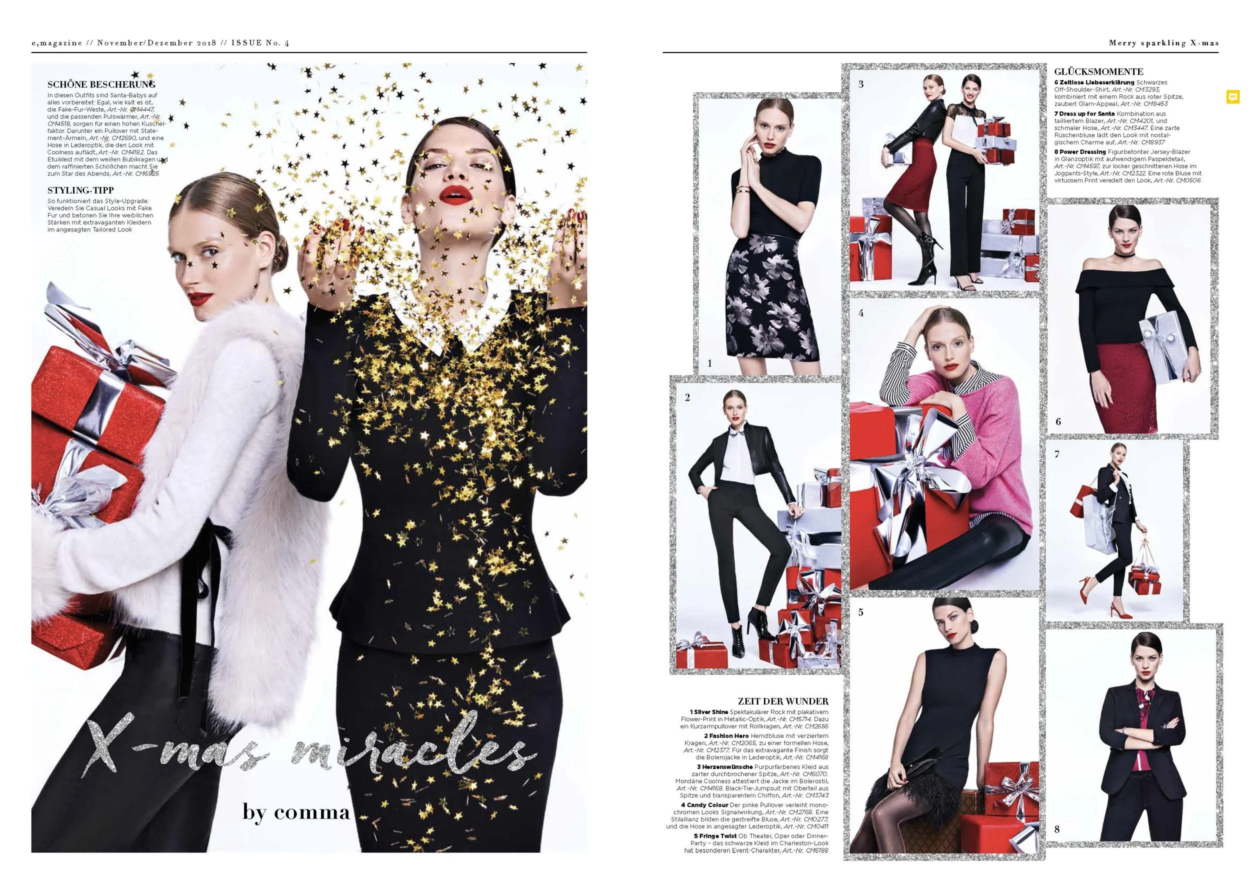 Doppelseite aus dem comma c-Mag: Festliche X-Mas-Miracles-Looks mit Lametta, Geschenken und Stylingtipp, realisiert von imagespy