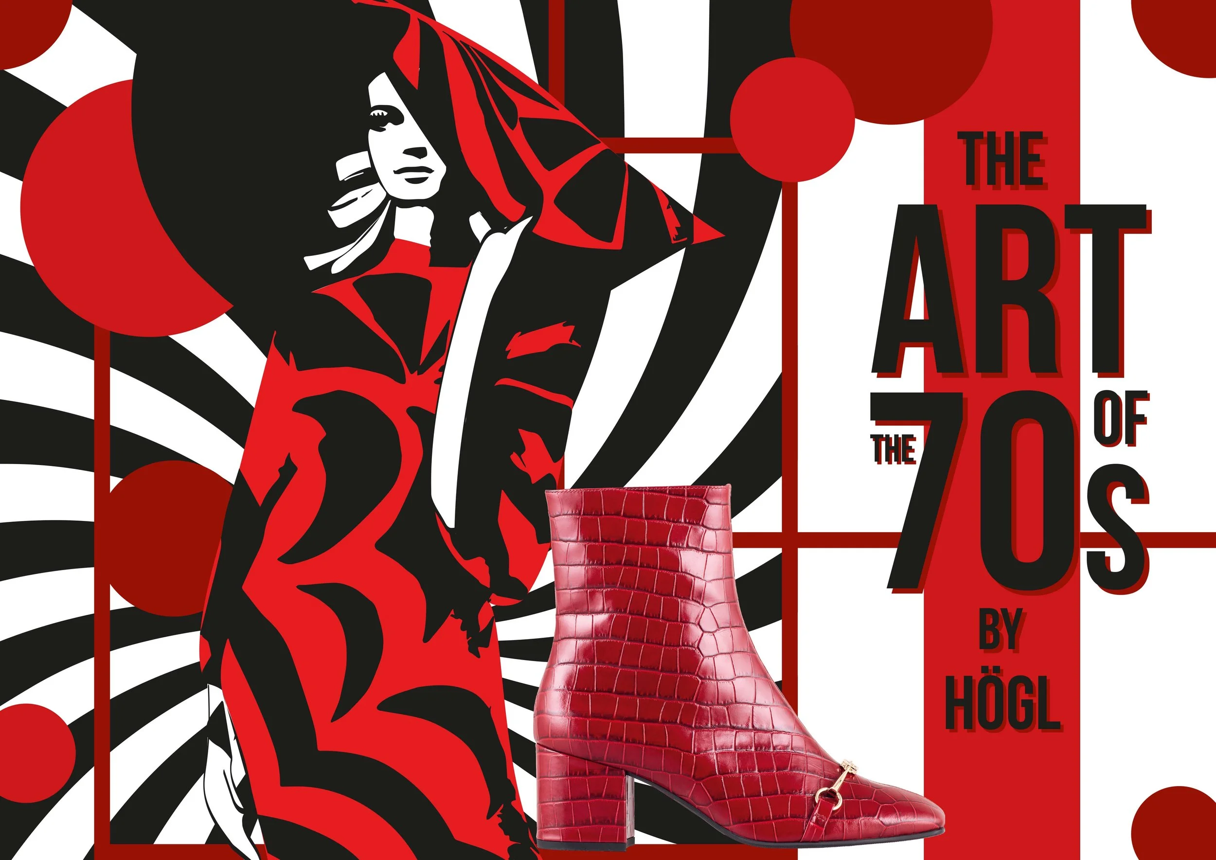 Von imagespy kreierte Illustration für Högl im 70er-Jahre-Stil mit rotem Ankle Boot in Kroko-Optik vor Spiral-Grafik, die Tradition und moderne Vision visuell unterstreicht.