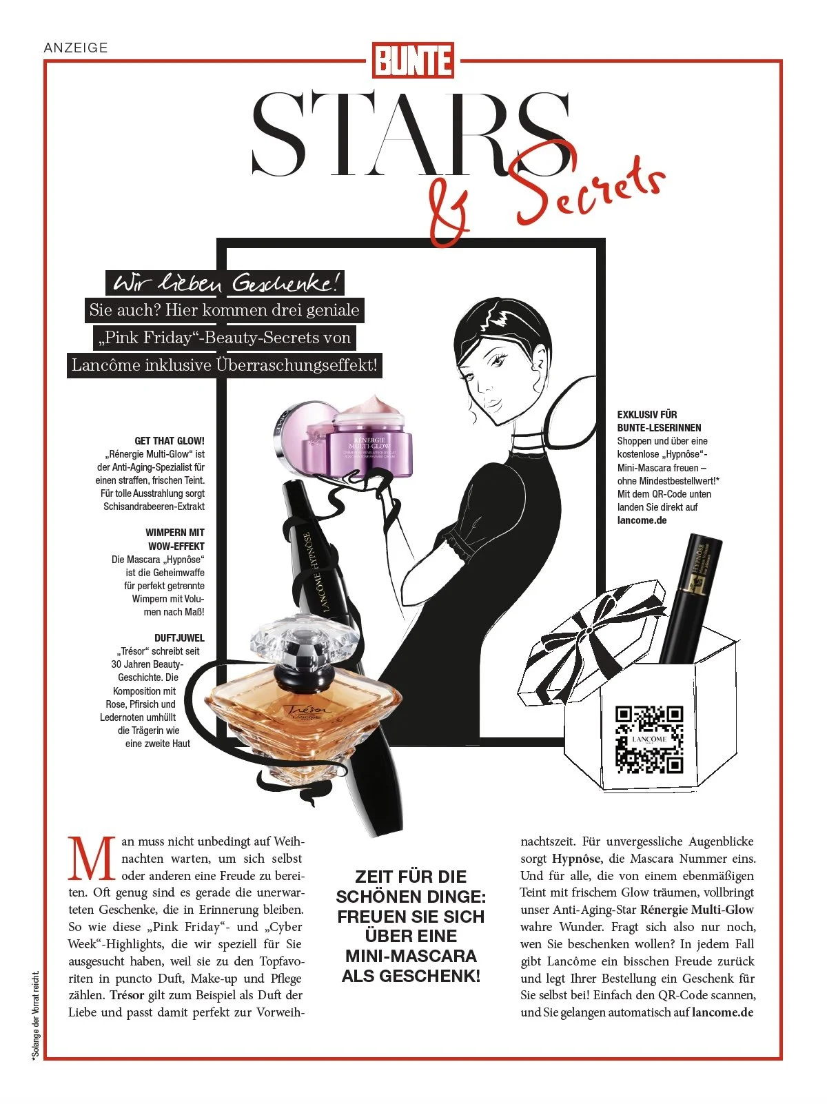Handgezeichnete Illustration einer Parisienne von imagespy für die Lancôme Beauty Secrets Anzeige in der Zeitschrift Bunte zum Pink Friday.