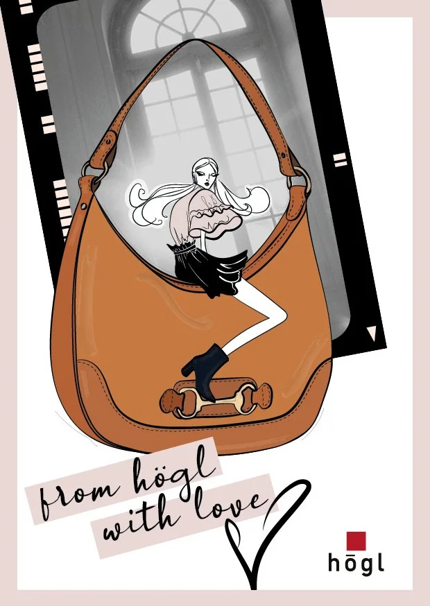 Illustration Frau auf großer Tasche mit schwarzweiß Fensterfotografie, F/W 2025 Kampagne von imagespy.