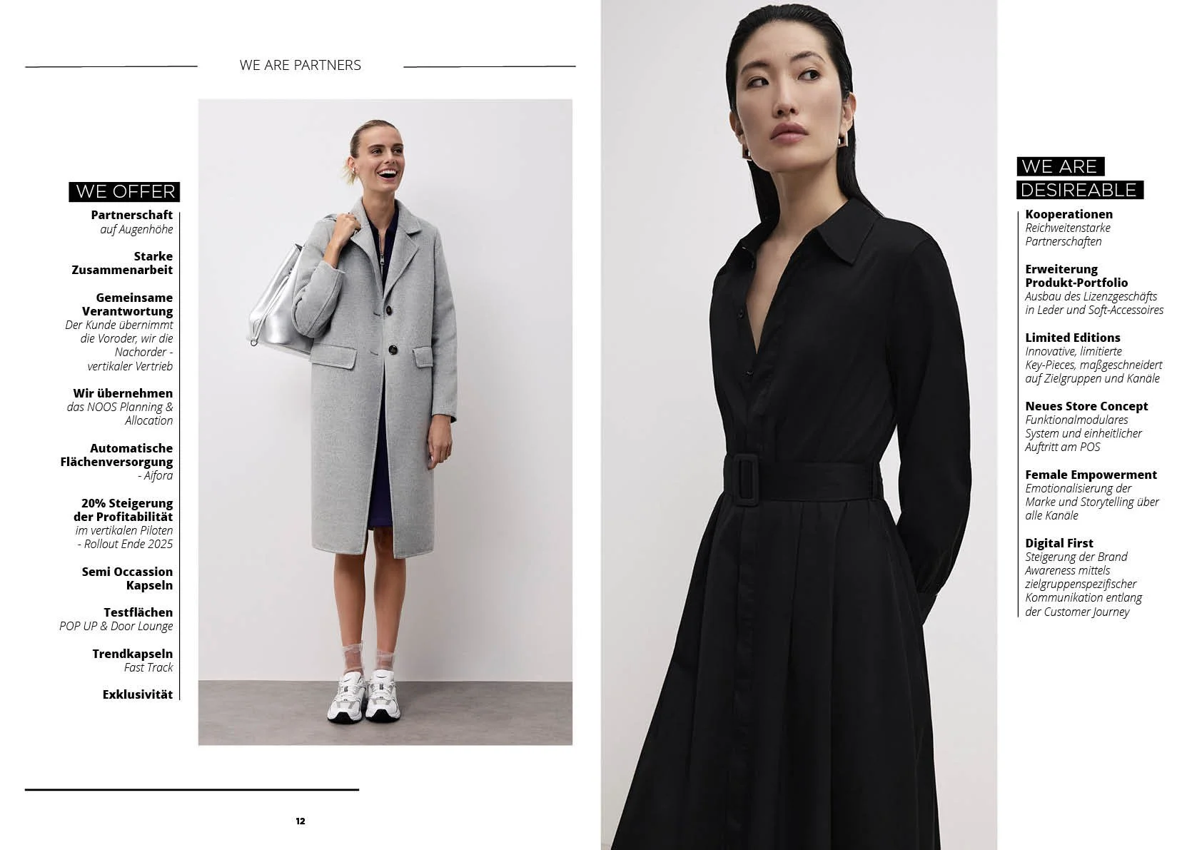 Doppelseite aus dem comma Brandfolder 2025 „We Are Partner“ mit zwei Female Models im grauen Mantel und schwarzen Kleid, schwarzer Typografie auf weißem Hintergrund, umgesetzt von imagespy.