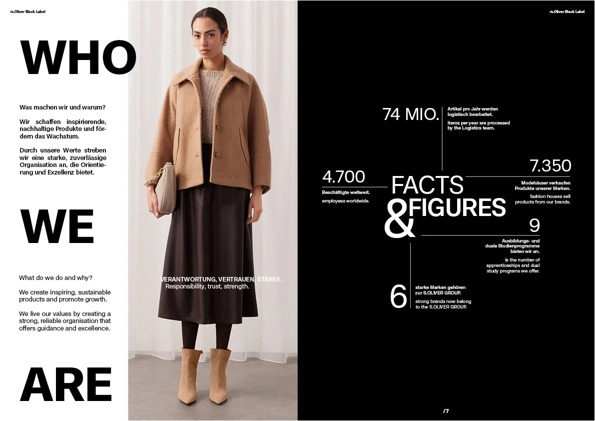 Doppelseite des s.Oliver Black Label Salesfolders mit „Who we are“, Facts & Figures und einem Female Model im braun-beigen Outfit; Layout gestaltet von imagespy.