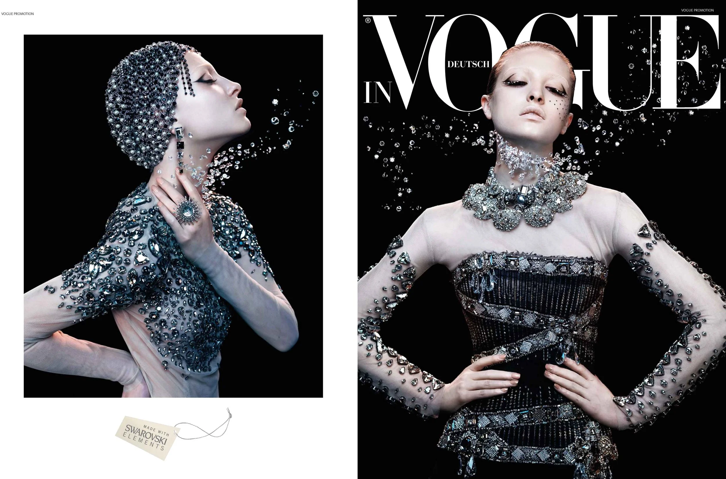 VOGUE Promotion 2011 Doppelseite mit Swarovski Schmuck: „Midnight Lady“ im silbernen Kleid und „Glamorous Liaison“ im schwarzen Kleid, umgesetzt von imagespy.