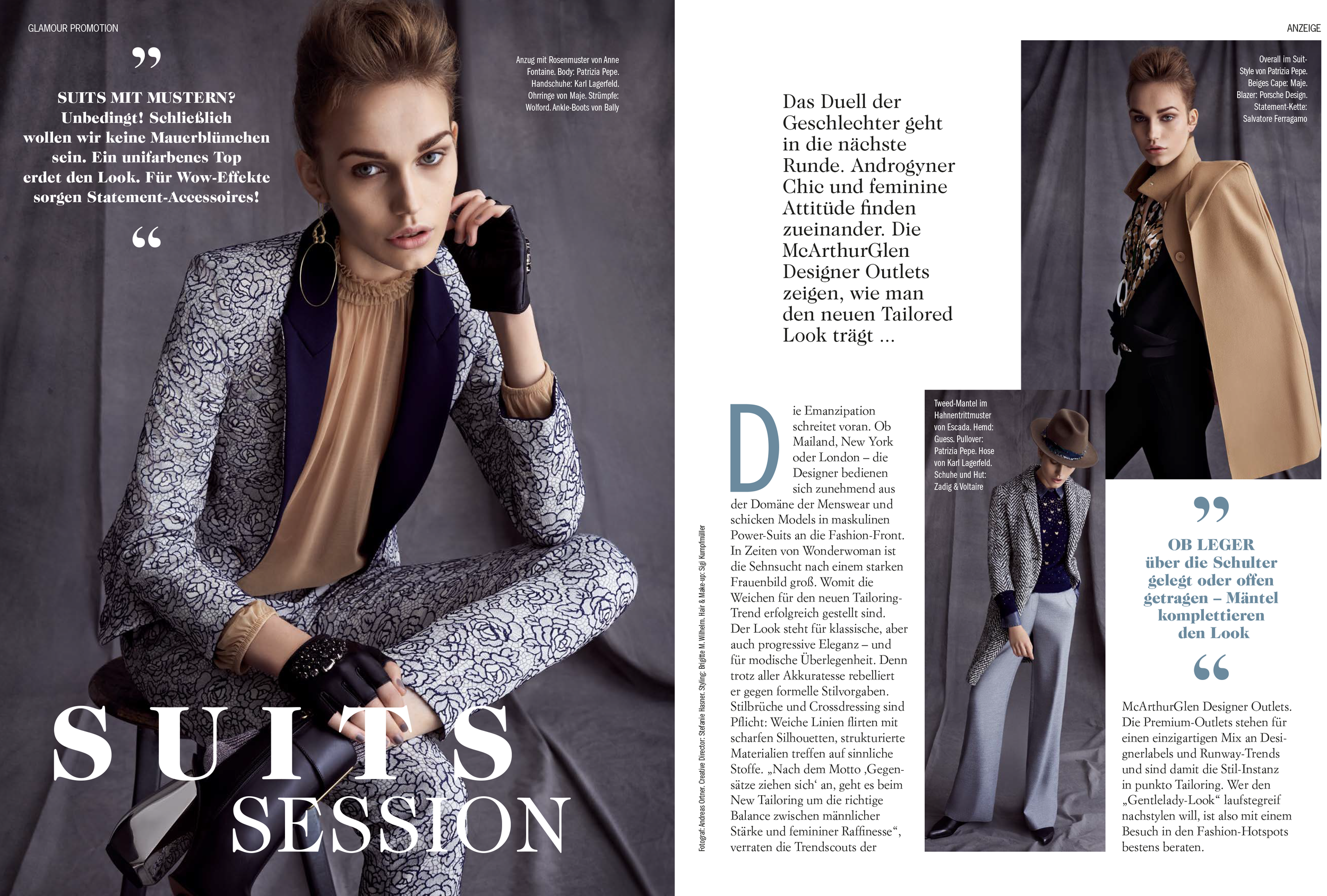 McArthurGlen High-End-Fashion Advertorial in GLAMOUR: Doppelseite mit drei Bildmotiven eines Models, Thema Suits Session – Mäntel, umgesetzt von imagespy.