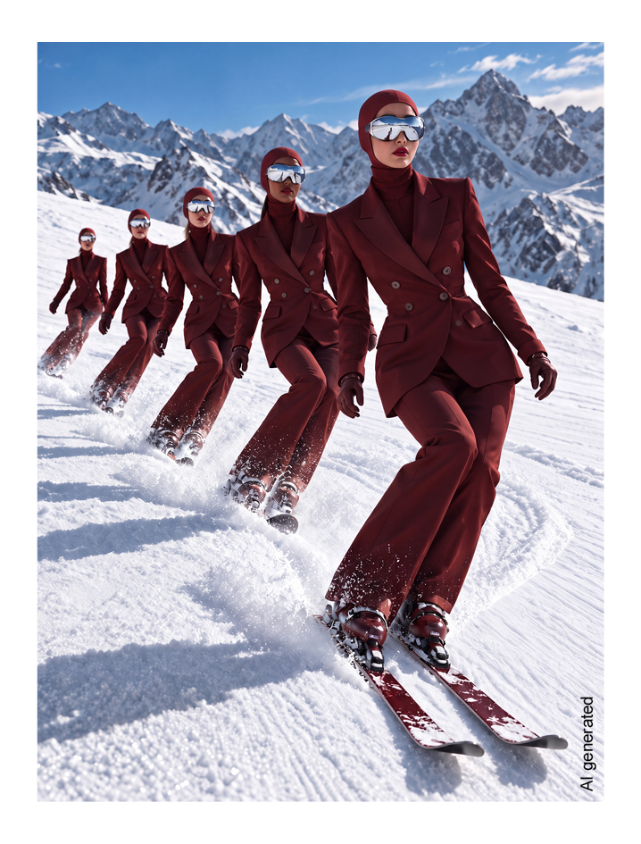 imagespy Avant Garde Vision Ai Studios AI Expert – AI generiertes Avantgarde Motiv von Skifahrerinnen in roter Kleidung auf verschneiter Piste für Success Stories