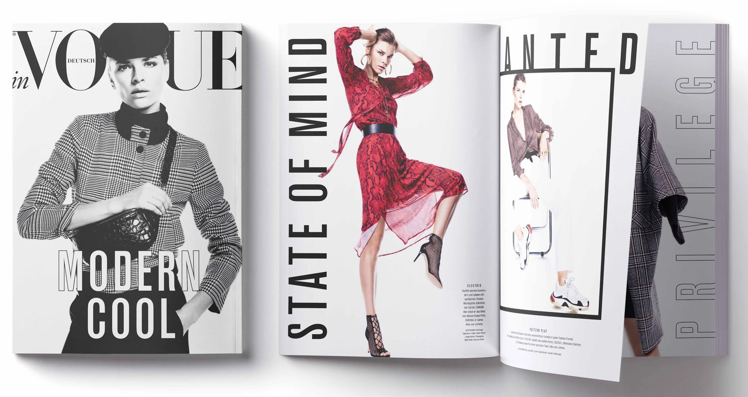 Ein von imagespy gestaltetes Magazin-Mockup der VOGUE mit der comma Fashion-Kampagne, die eine starke visuelle Sprache im Premium-Printbereich zeigt.