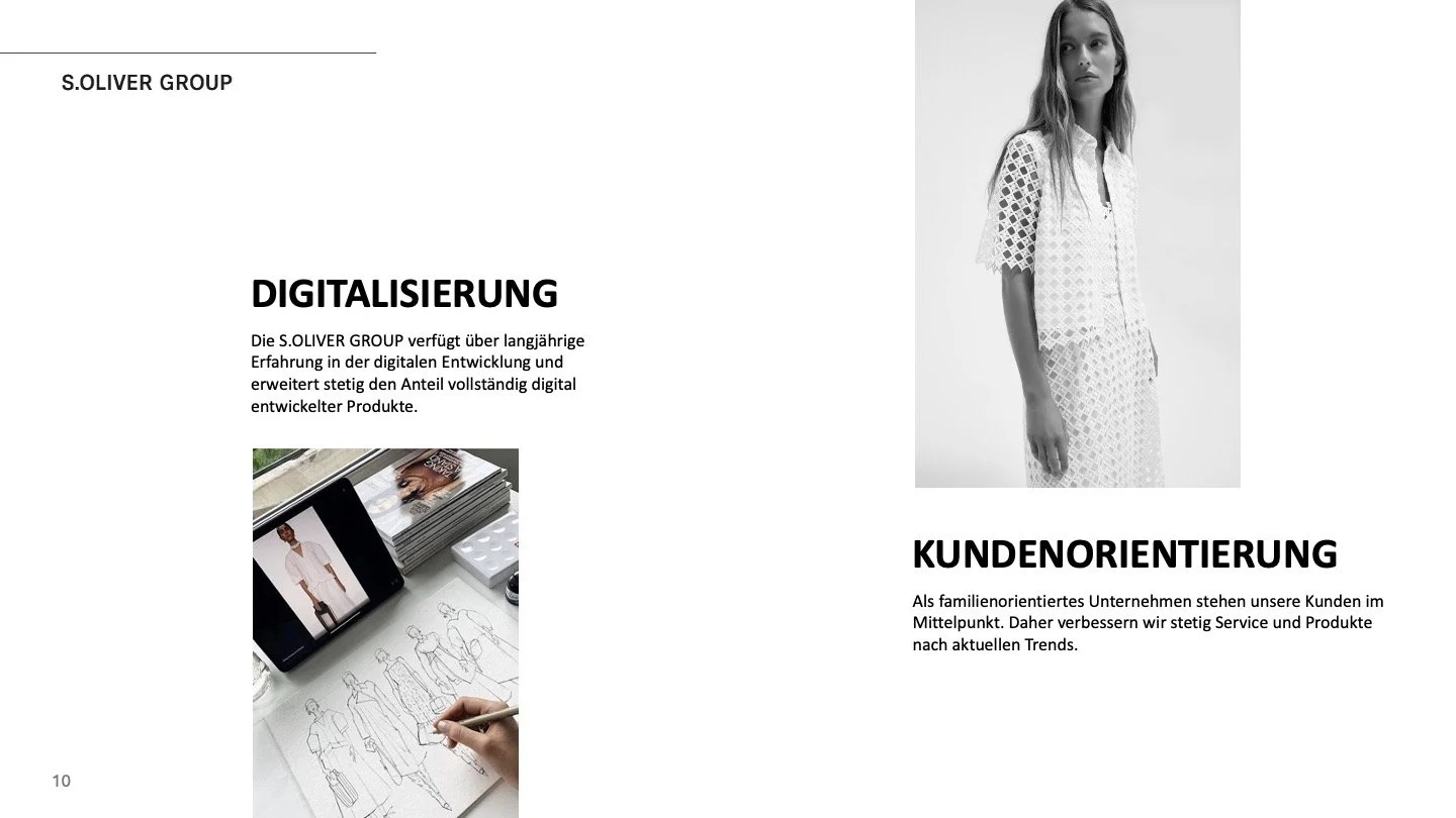 Folie der s.Oliver Group Corporate Presentation 2025 zum Thema Digitalisierung und Kundenorientierung mit Designer vor Bildschirm und People-Motiv, gestaltet von imagespy.