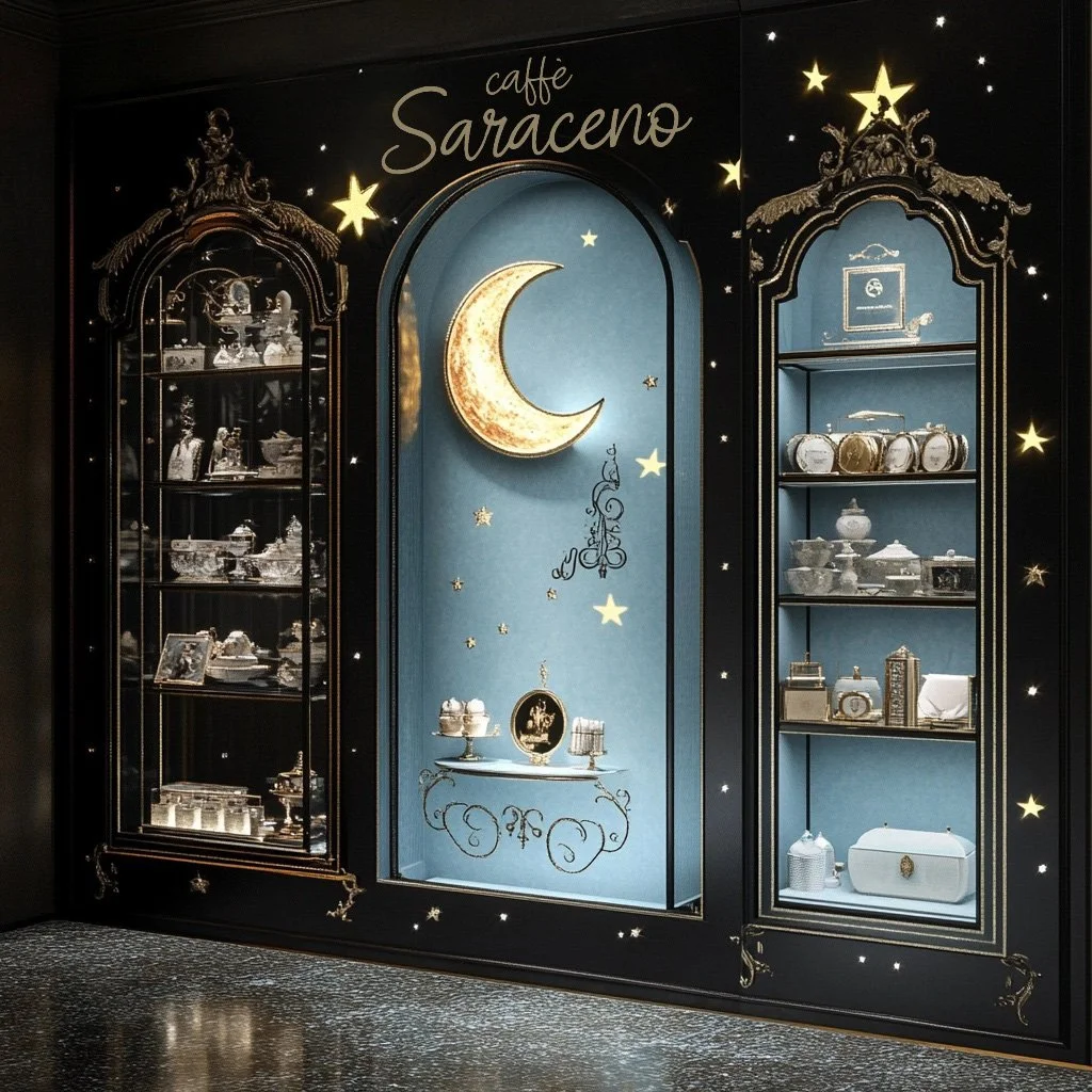 KI-generiertes Visual eines Vitrinenschranks mit Halbmond- und Sternmotiven, in dem Merchandise-Produkte des Caffè Saraceno ausgestellt sind, erstellt von imagespy.