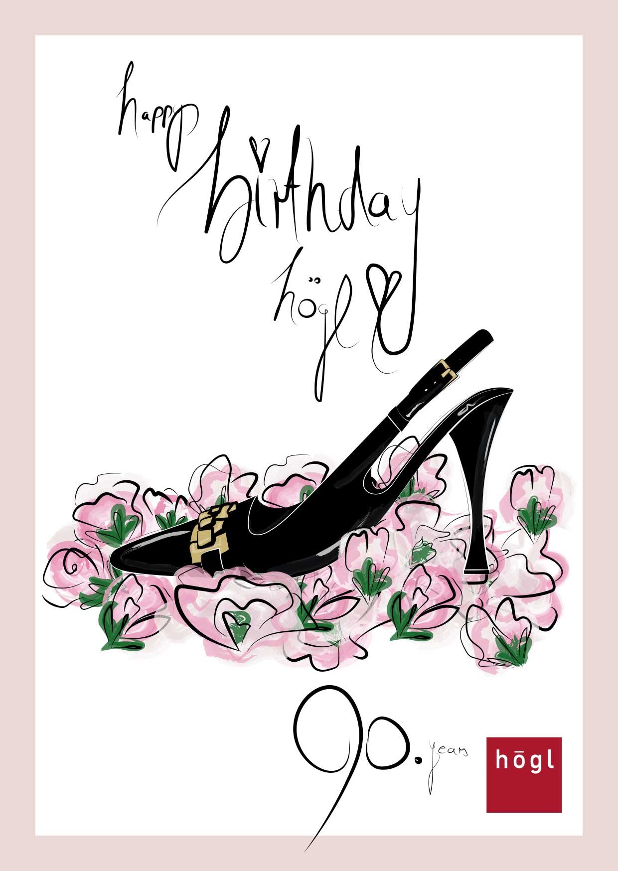 Exklusive Högl Jubiläums-Postkarte zum 90. Geburtstag mit Illustration eines schwarzen Slingback-Pumps auf rosa Blumen, erstellt für imagespy.