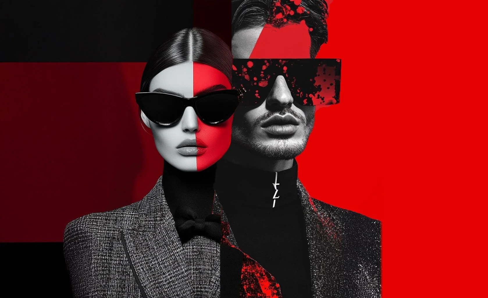 KI-generiertes Porträt einer Frau im Business-Outfit und eines Mannes in Business-Kleidung mit Sonnenbrille, Schwarzweiß und Rot, realisiert von imagespy mit Nani.