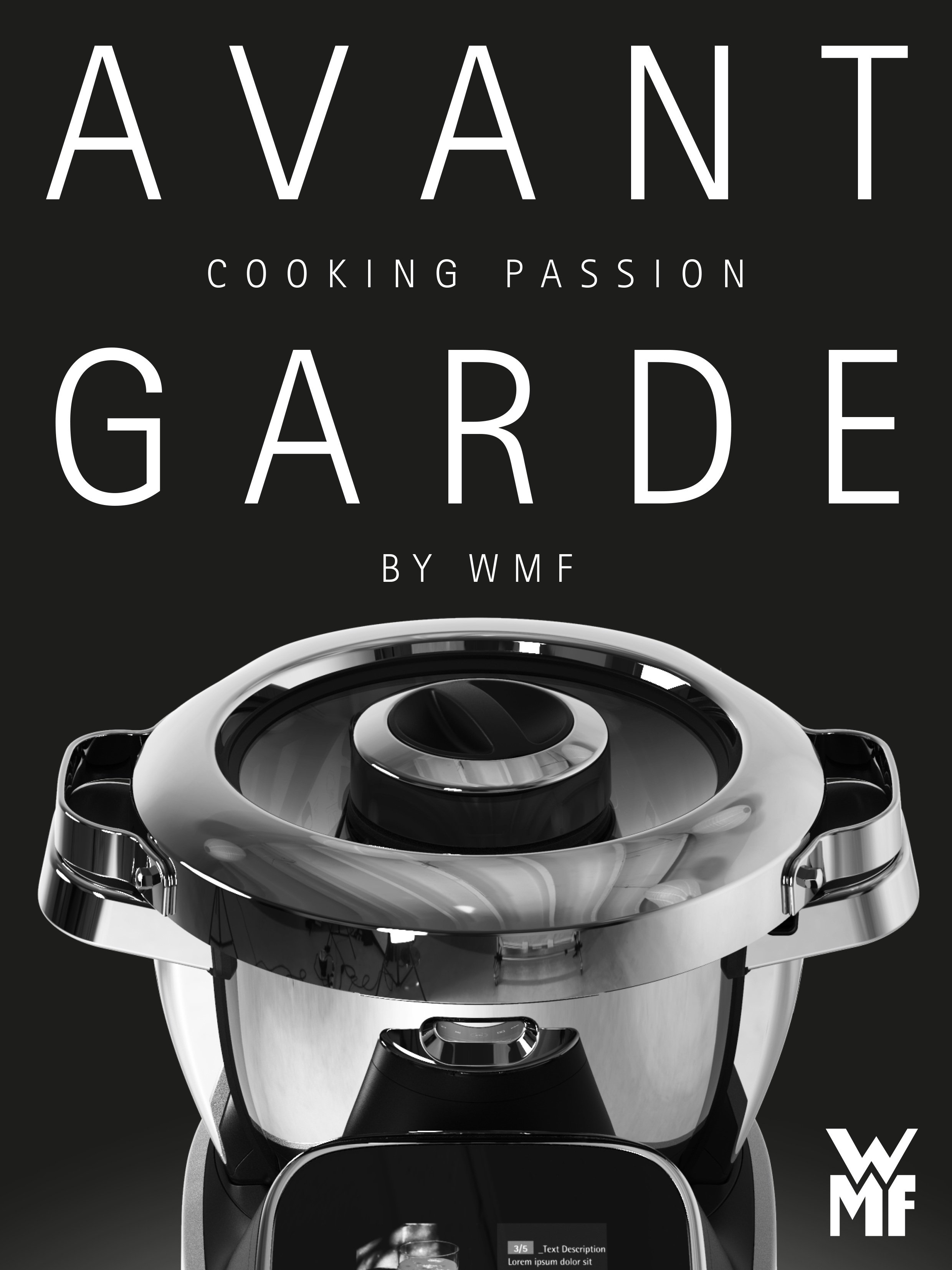 Edles Magazin-Cover von imagespy: Der WMF Avantgarde Cooking Processor in hochglänzendem Edelstahl-Design vor schwarzem Hintergrund mit minimalistischer Typografie.