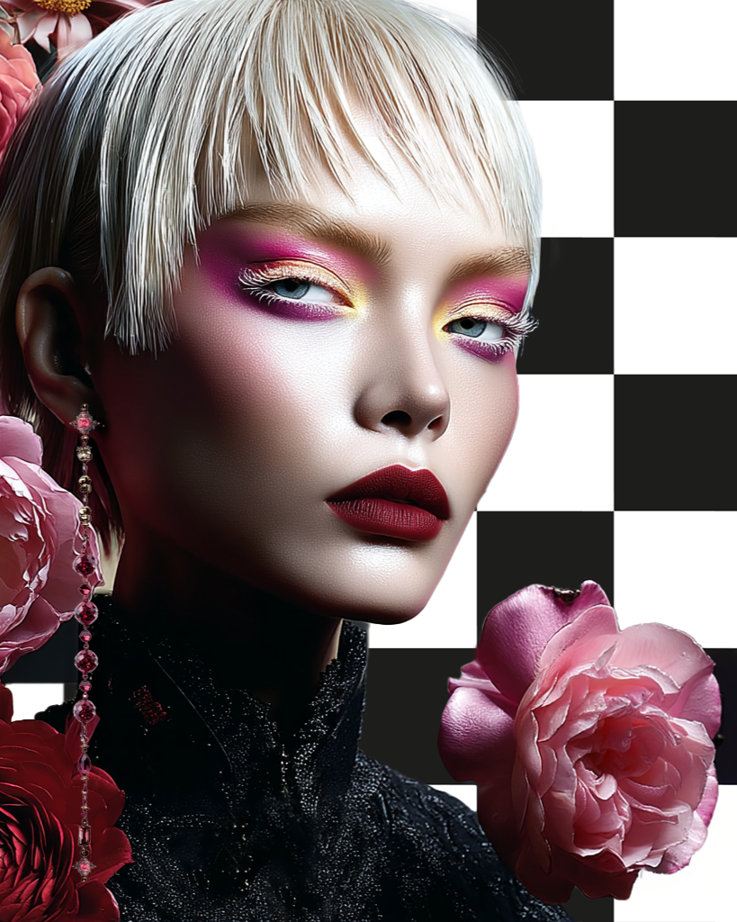 Hyperästhetisches Portrait-Close-up von imagespy: Erstellt mit dem KI-Tool Nani, zeigt es innovatives Make-up-Design, platinblonde Haare und Schachbrett-Elemente.