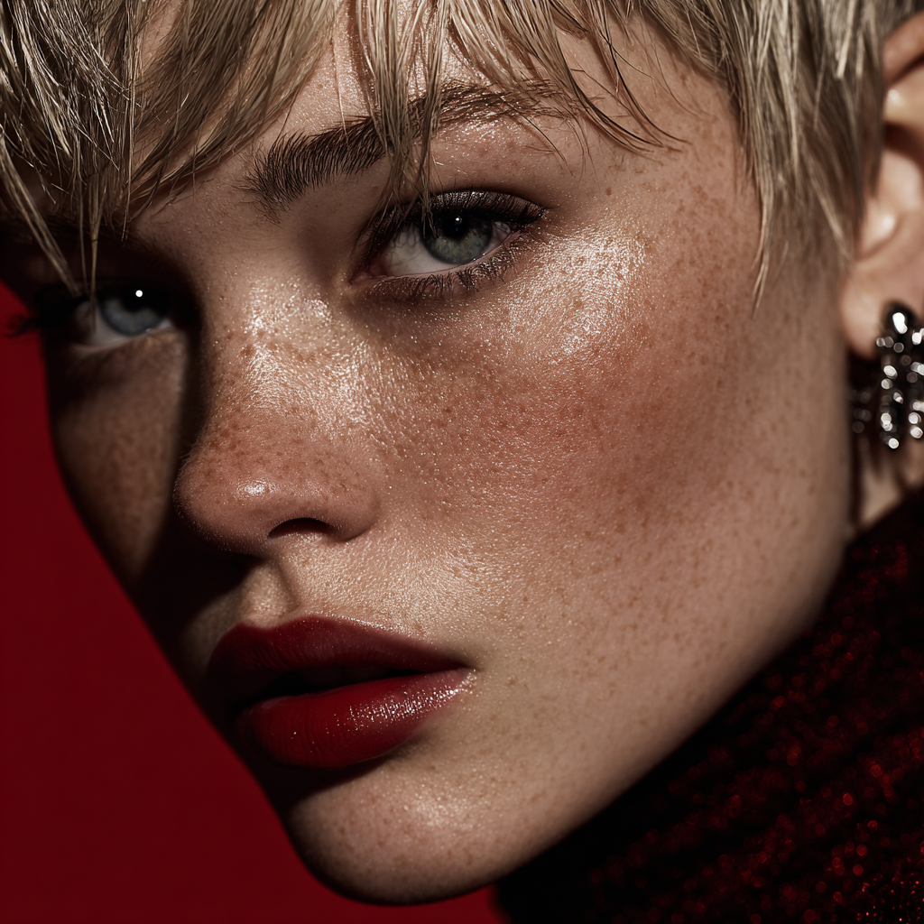 Editorial-Portrait von imagespy, erstellt mit dem KI-Tool Nani: Einzigartige Beauty-Inszenierung mit Fokus auf roten Lippen und ausdrucksstarkem Fashion-Look.