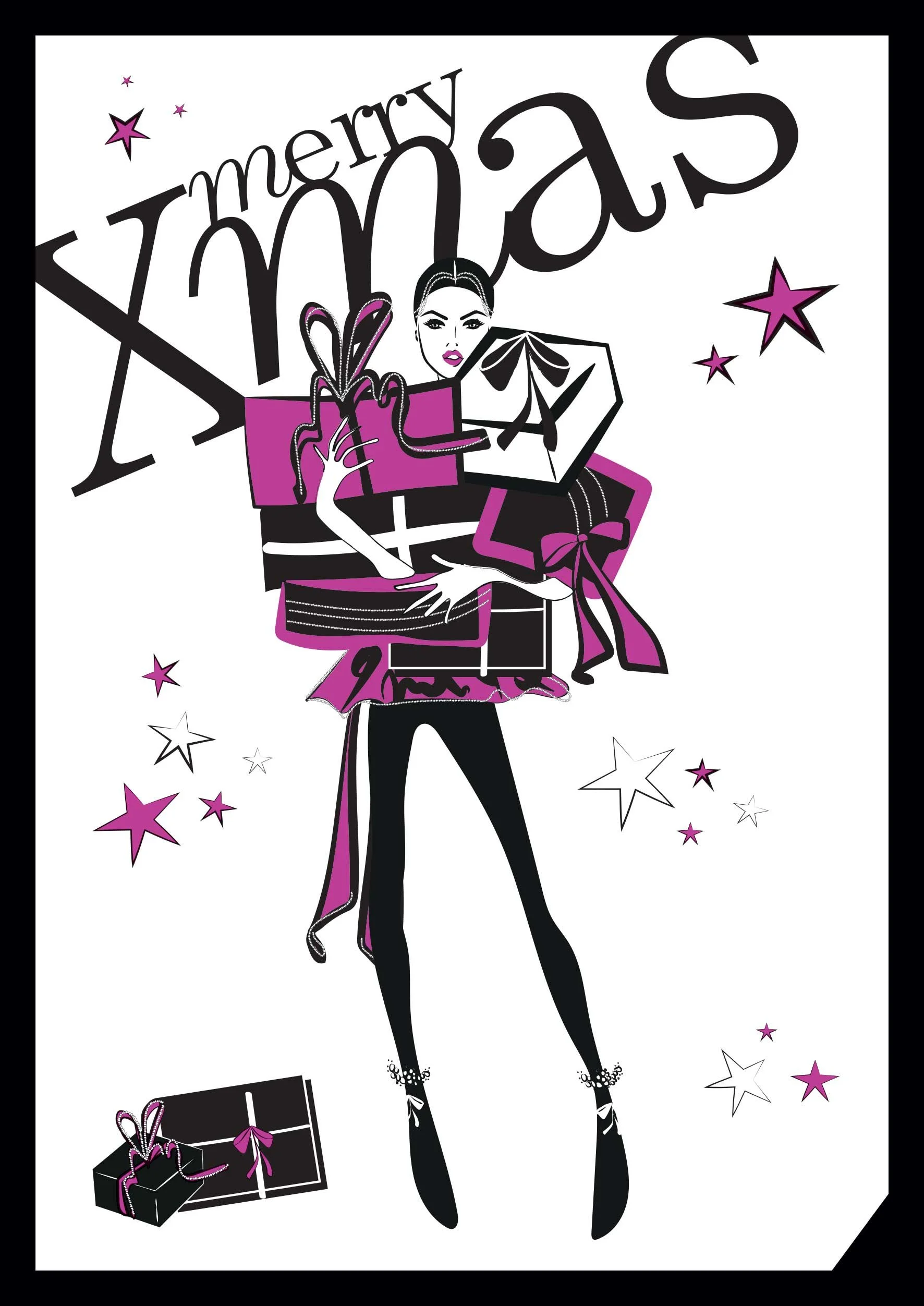 imagespy Design: Exklusives Layout der Weihnachtskarte mit einer Fashion-Illustration, die eine Frau mit vielen magentafarbenen Geschenken und grafischen Sternen zeigt.