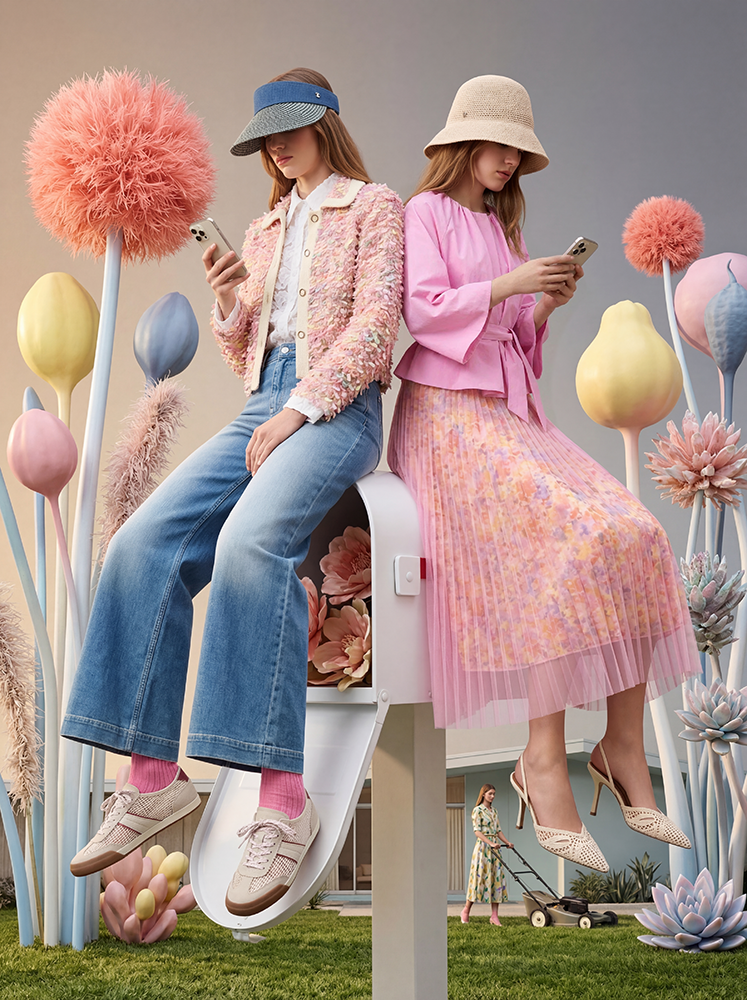 Zwei von imagespy kreierte virtuelle Models in einer surrealen Welt mit überdimensionalen Blumen beim Blick auf ein Smartphone – Demonstration für KI-basierte Markenarchitektur.
