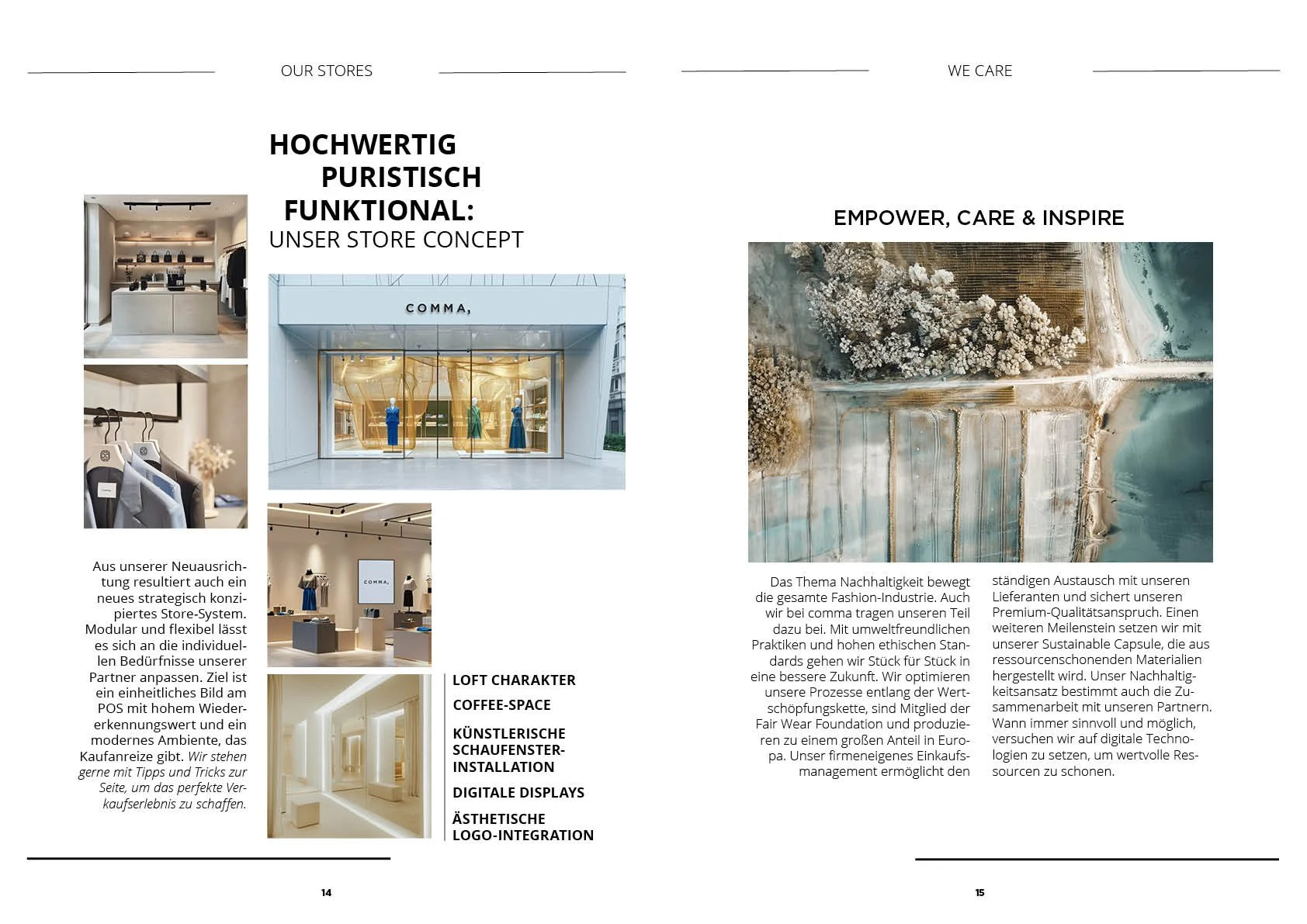 Seitenlayout aus dem comma Brandfolder 2025 „Store Concept & Nachhaltigkeit“ mit Bildern eines Loft-Store-Systems, puristisch und funktional, inklusive Landschafts-Luftaufnahme, umgesetzt von imagespy.