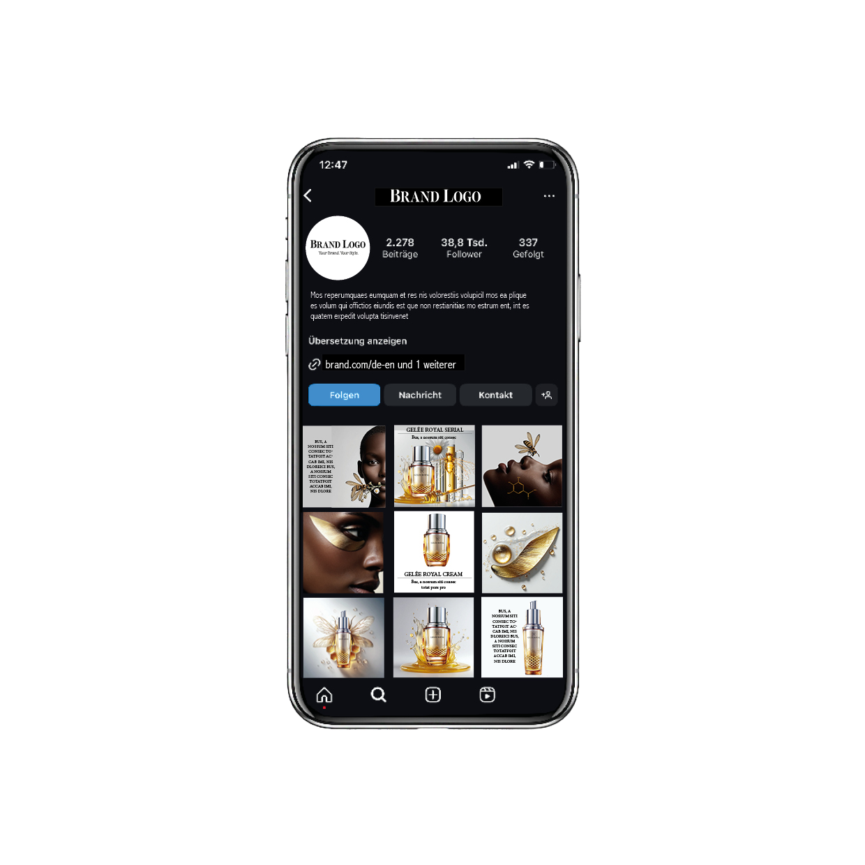 Smartphone-Mockup eines Instagram-Feeds: Goldene Gelée Royal Kampagne von imagespy mit KI-generierten Produktfotos und Beauty-Portraits, erstellt mit Nani.