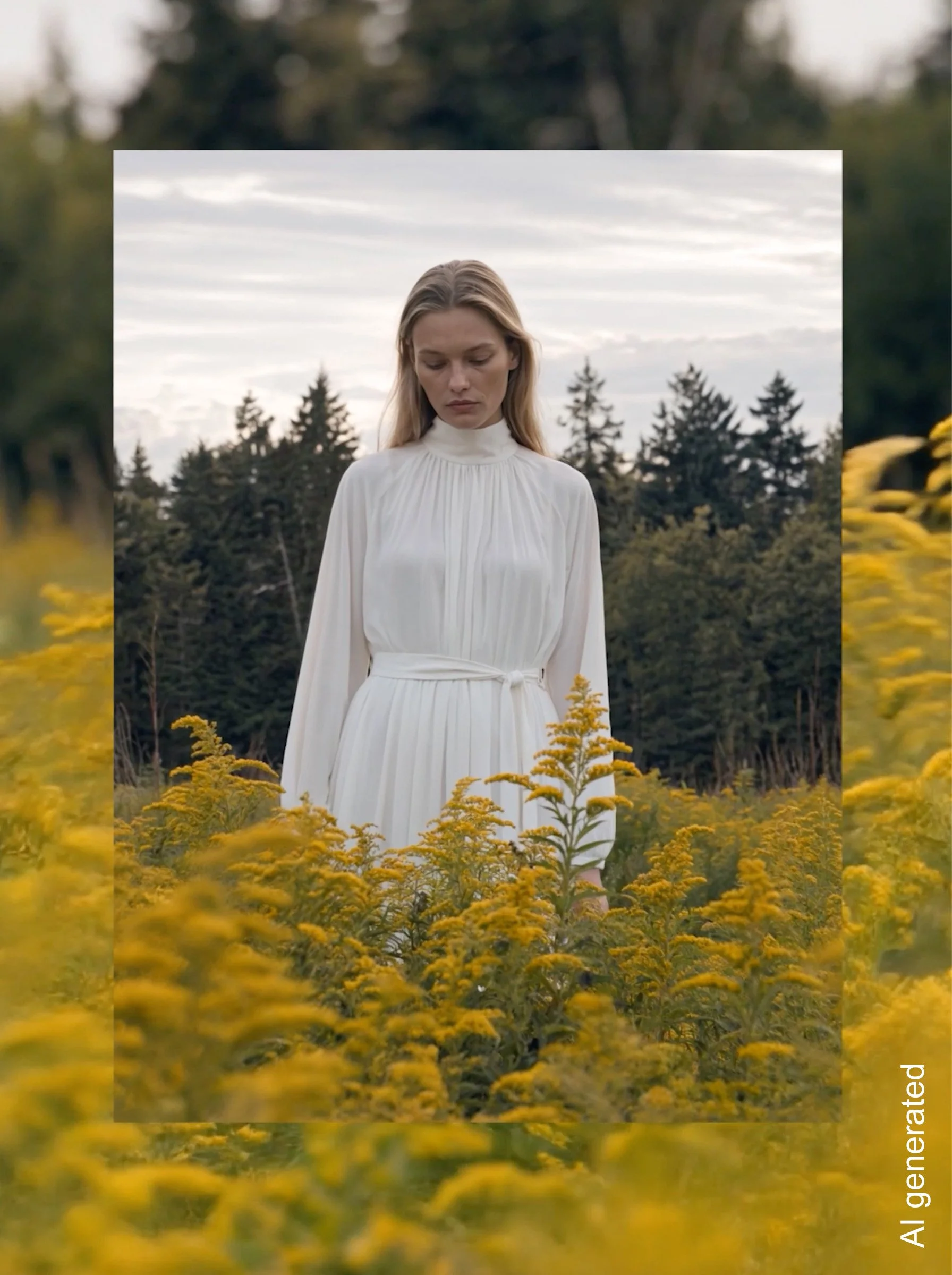 AI-generiertes Modemotiv von imagespy: Model im weißen Kleid im Goldrutenfeld, Beispiel für Looks in jeder gewünschten Szenerie