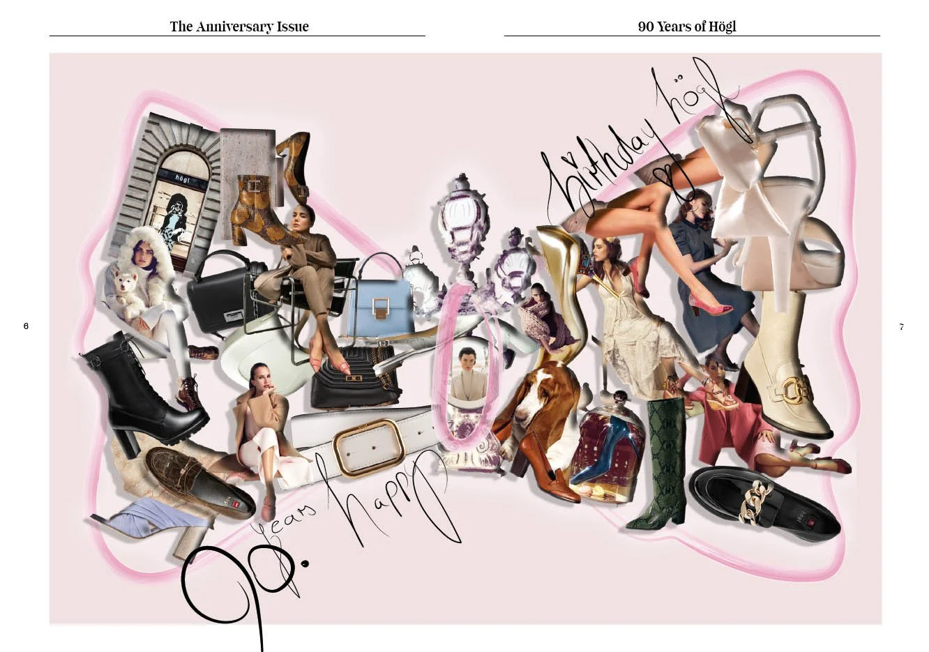 Künstlerische Magazin-Collage von imagespy zum 90. Jubiläum von Högl mit handgezeichneten Illustrationen und Video-Animation-Elementen.