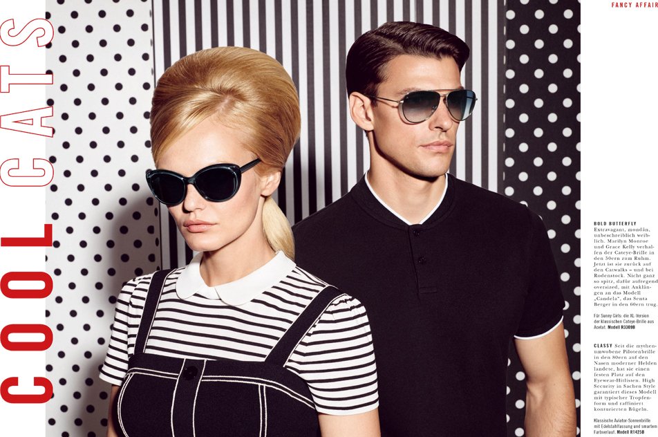 Rodenstock Lookbook 2020 Seite 4/5 „Cool Cats“ mit Mann und Frau in schwarz-weiß Kleidung und Sonnenbrillen vor grafischem Hintergrund, umgesetzt von imagespy.