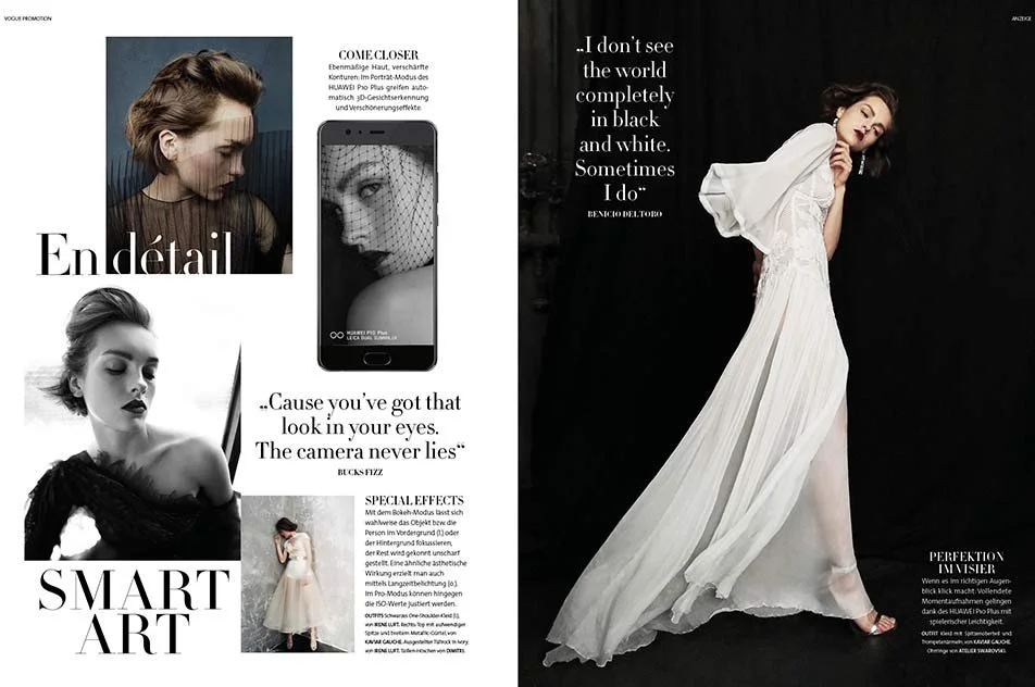 VOGUE x Huawei Promo by imagespy: Schwarzweiß- und Farbaufnahmen eines Models in Couture-Roben, Nah- und Momentaufnahmen kombiniert auf einer Doppelseite, moderne Editorial-Inszenierung fotografiert mit Huawei Pro Plus.