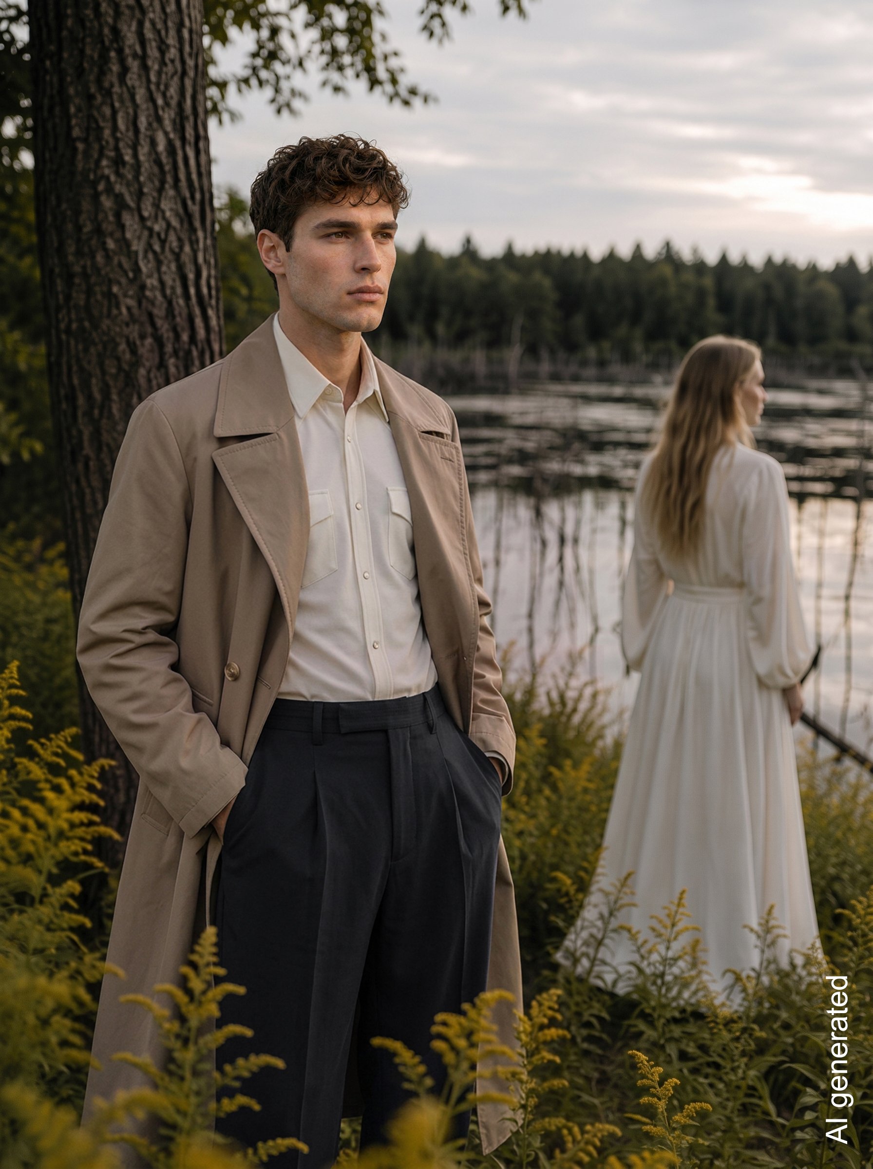AI-generiertes Fashion-Visual von imagespy: Mann in beigem Trenchcoat und Marlenehose am See, Menswear-Look für B2B-Sell-in