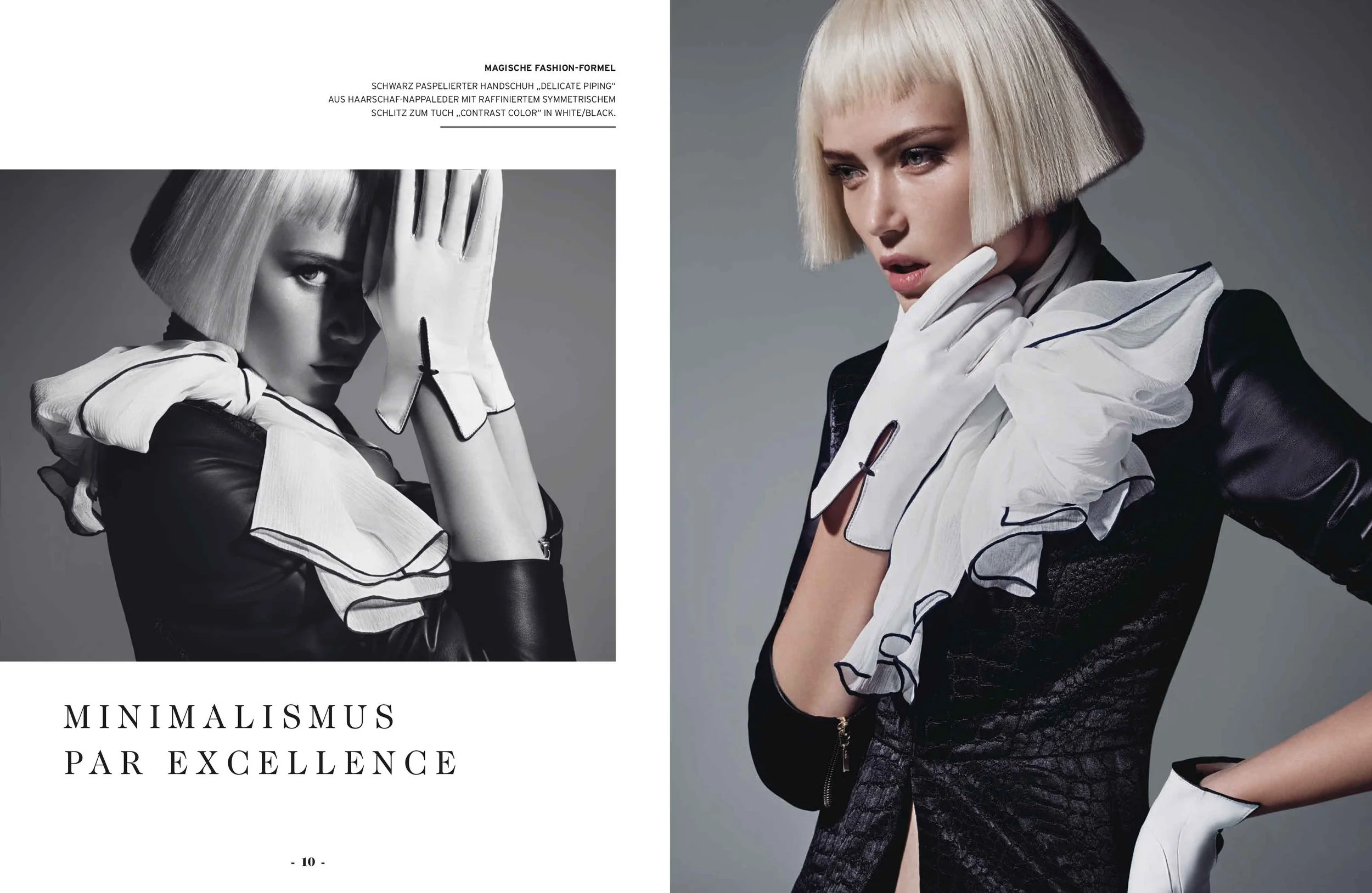 Roeckl Magazine Spring/Summer 2017 Doppelseite 10/11 „Minimalismus par Excellence“ mit Frau in Lederjacke, weißen Handschuhen und Schal, Schwarzweiß- und Farbaufnahme, umgesetzt von imagespy.