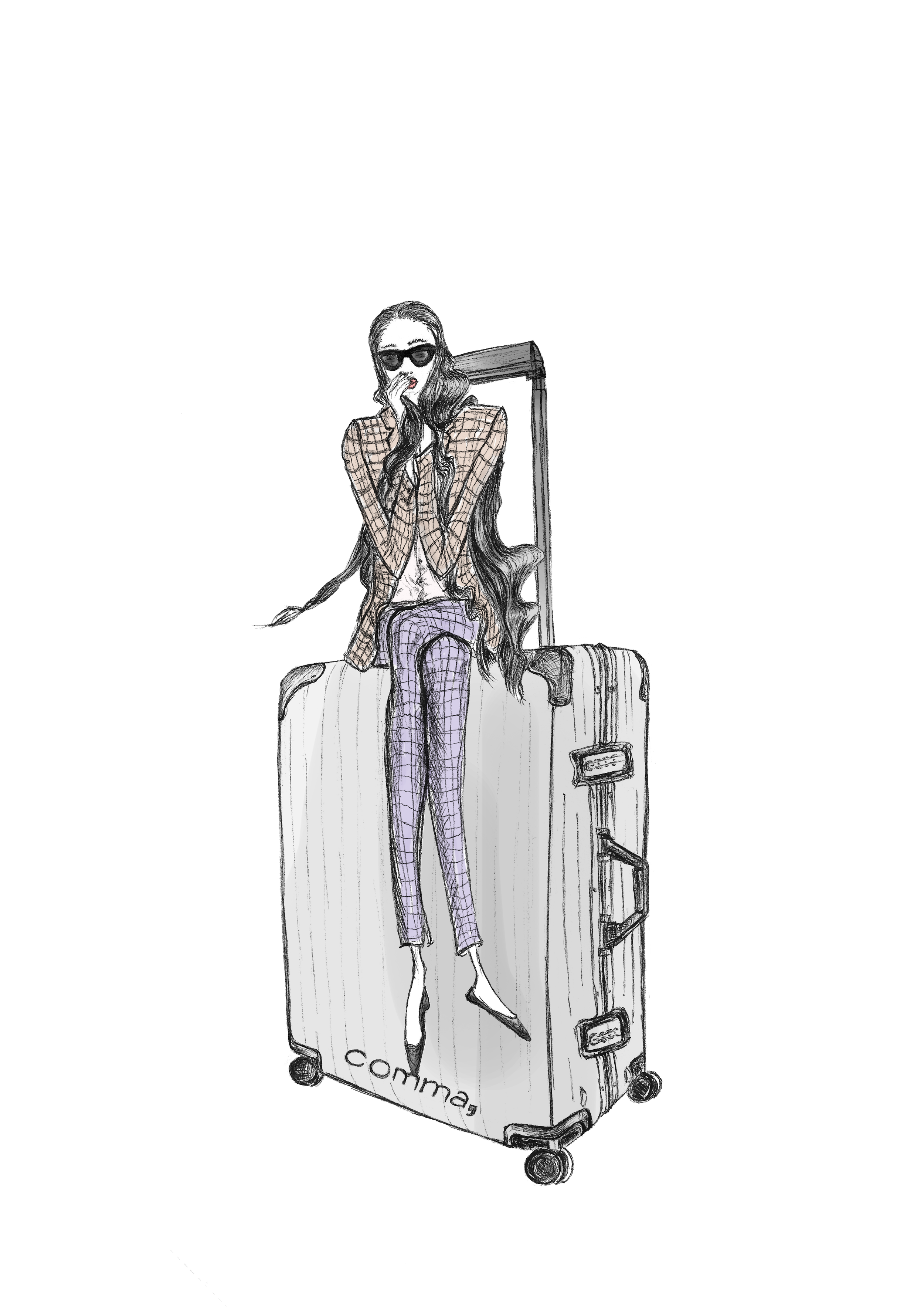 Exklusive Fashion-Illustration von imagespy für comma: Stilvolle Frau auf einem Reisekoffer zur Inszenierung der Travel-Kollektion.