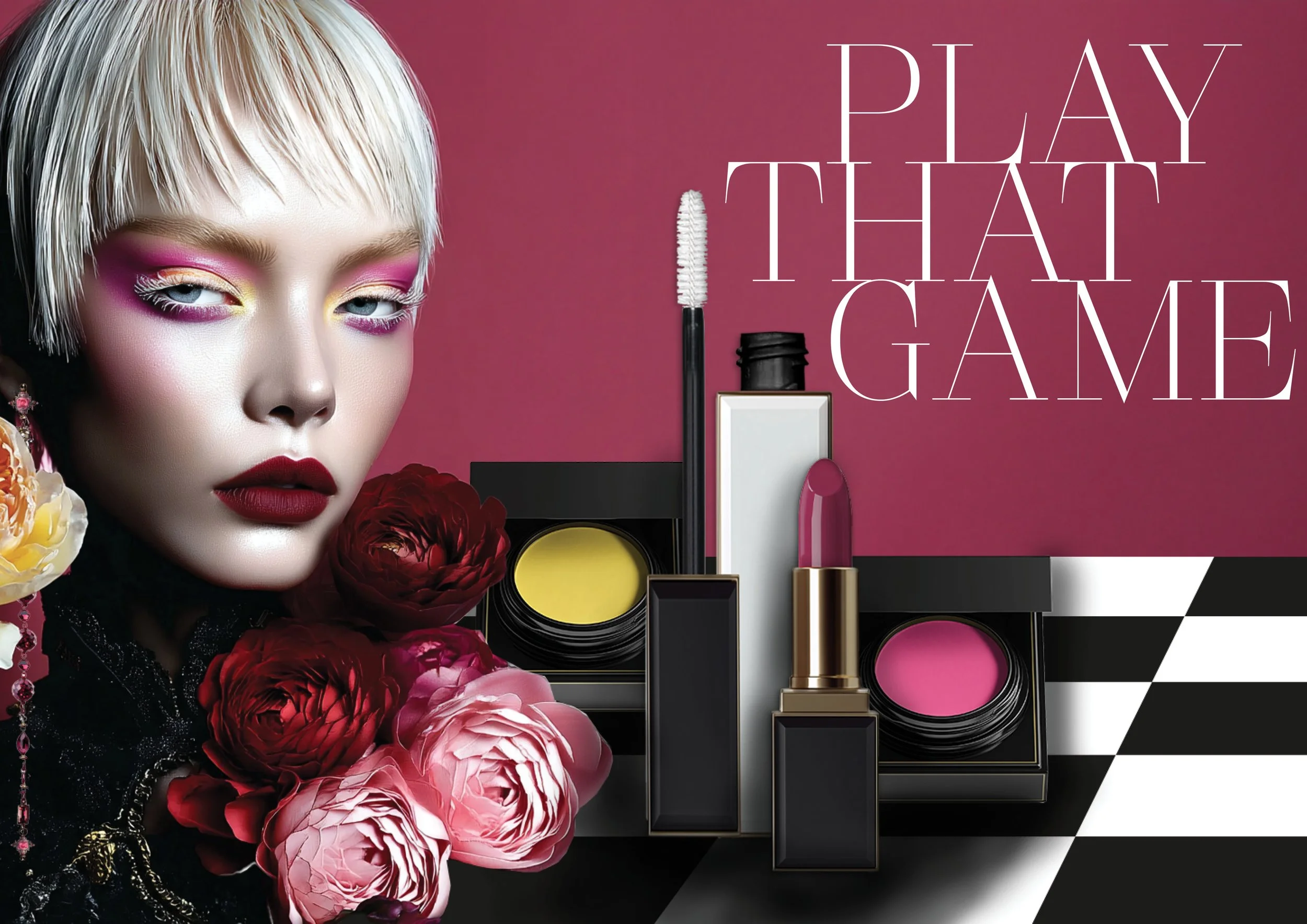 Von imagespy mit dem KI-Tool Nani erstelltes Beauty-Campaign-Visual: Innovatives Make-up-Design, Lippenstift und Lidschatten in einer surrealen digitalen Welt.