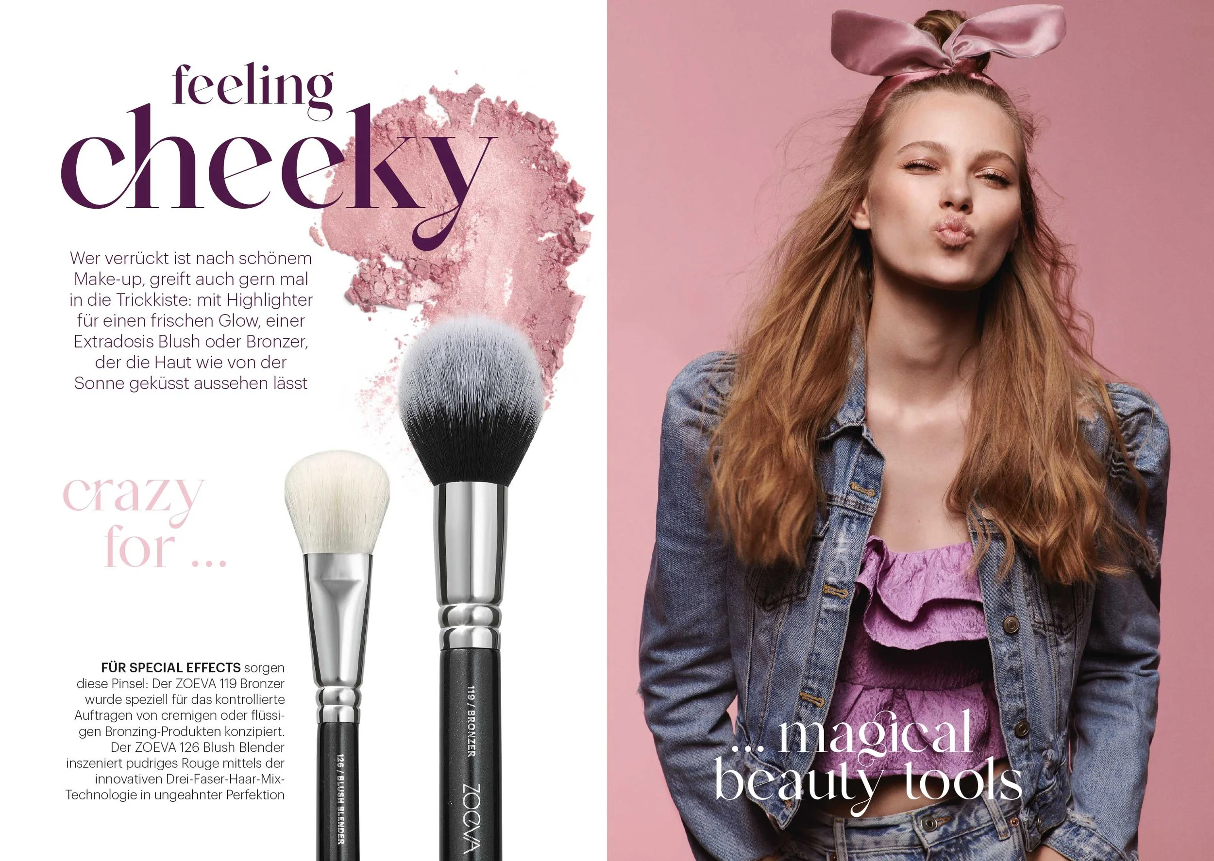 Zoeva Image Book Layout, links Produkt-Features von Bronzer-Pinseln, rechts verspieltes Beauty-Lifestyle-Porträt vor rosa Hintergrund.