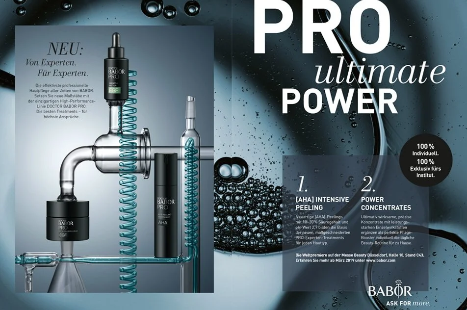 Werbeanzeige der Doctor Babor PRO Serie „ultimate POWER“ mit Produktinszenierung im Laborglas und Detailinfos, realisiert von imagespy.