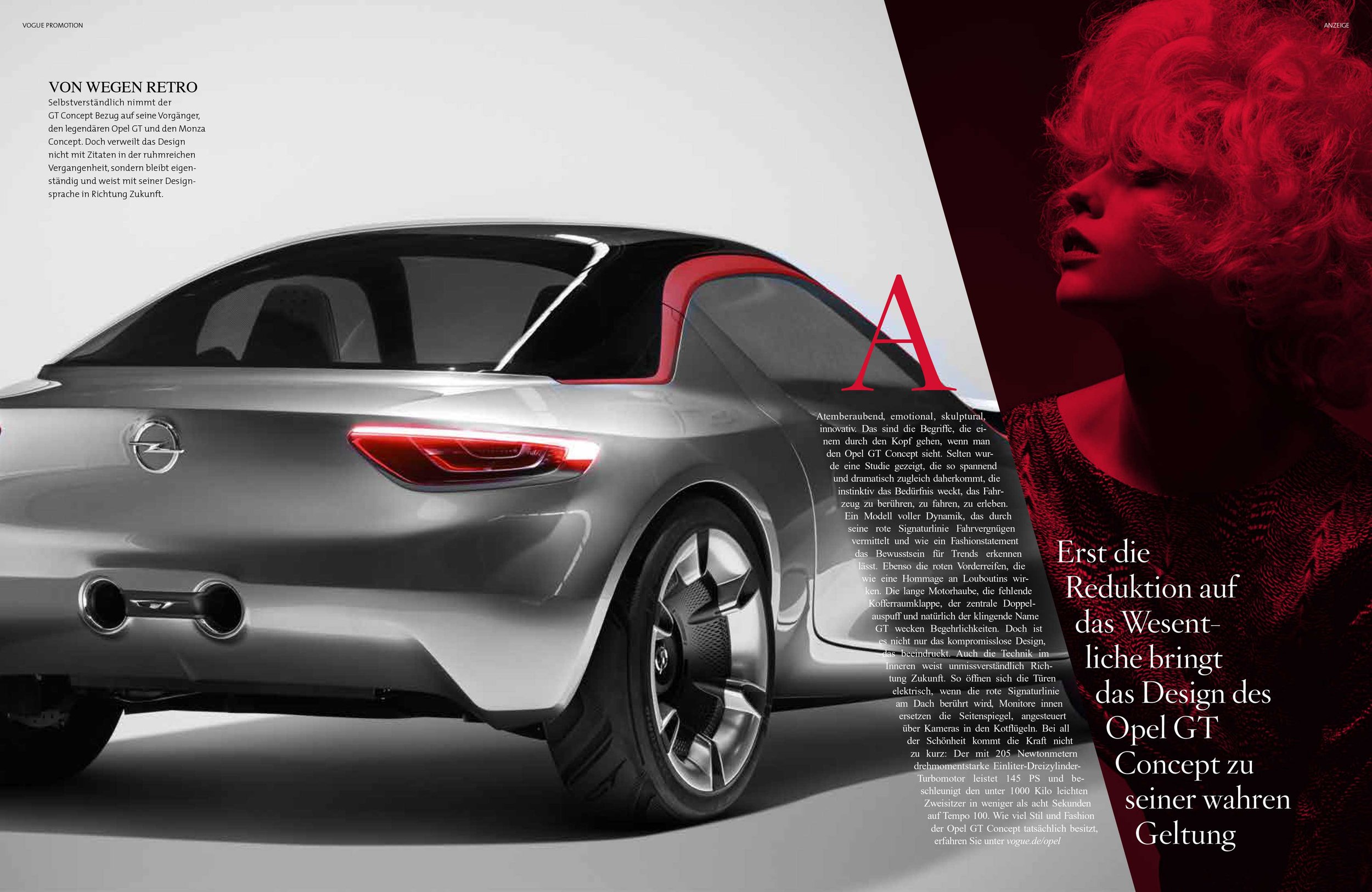 imagespy Projekt: VOGUE Editorial-Doppelseite mit der Heckansicht des Opel GT Concept, der ikonischen roten Signaturlinie und einem künstlerischen Frauenporträt in rotem Licht.