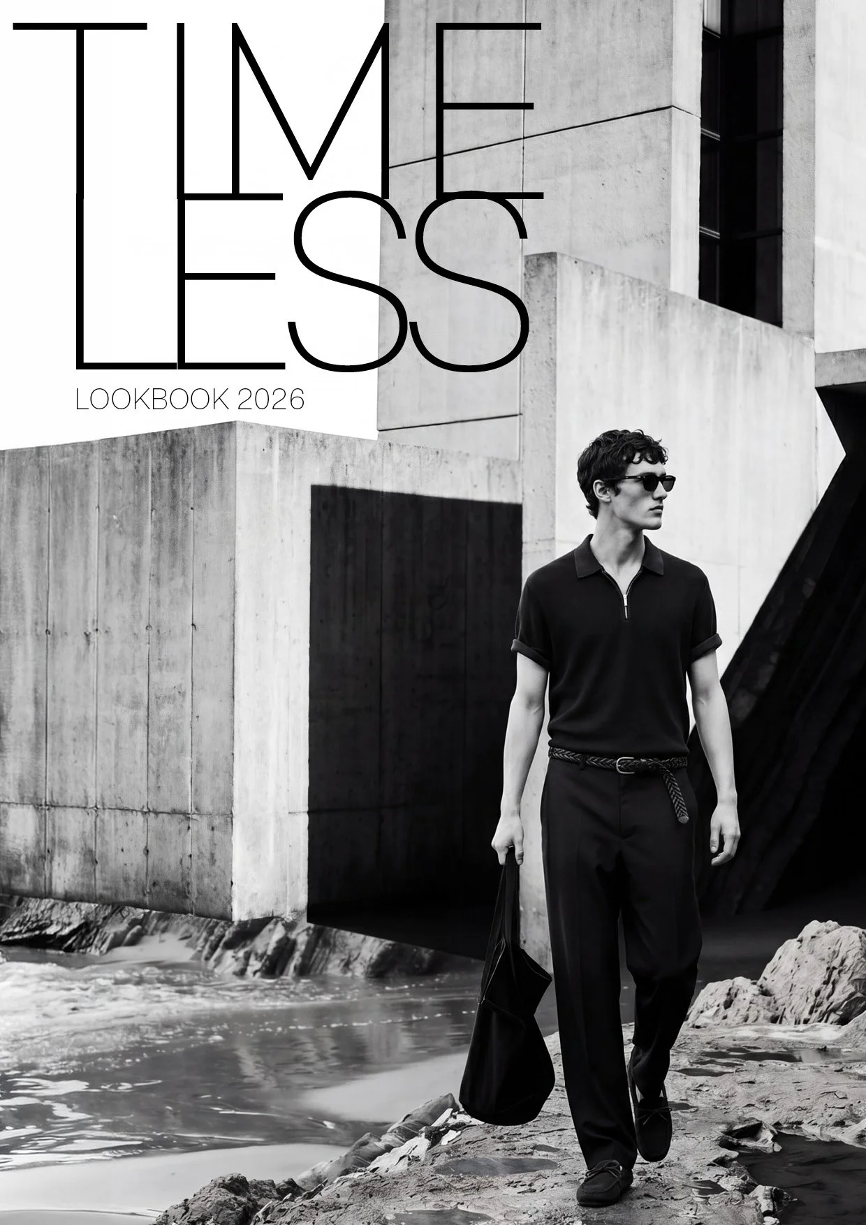Ein elegant gekleideter Mann mit Sonnenbrille am Strand vor Betonarchitektur auf einem Lookbook-Cover. Automatisierte KI-Bild- & Video-Produktion für moderne Brands mit imagespy – für maximale Sichtbarkeit.