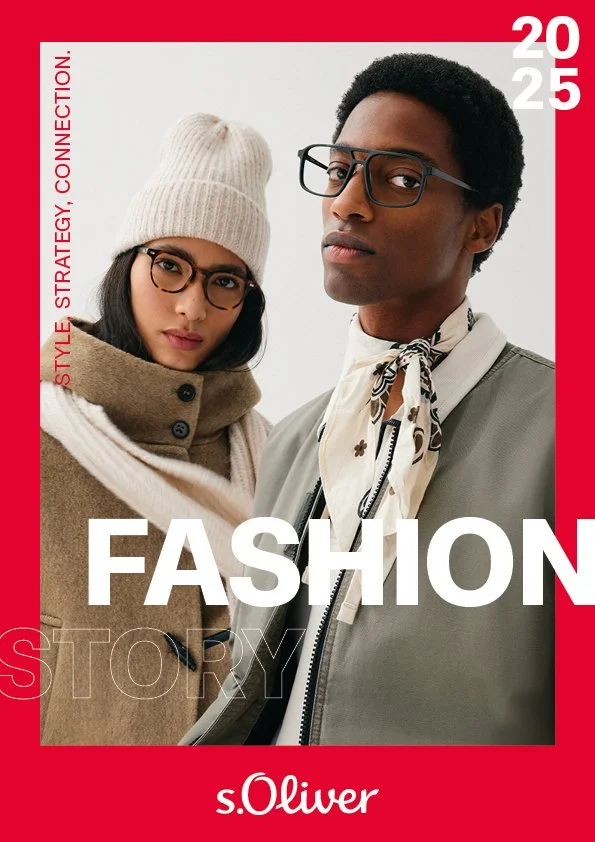 Cover des s.Oliver Red Label Salesfolders „Fashion Story“ mit einem Couple in modernen, lässigen, zeitlosen Outfits; Layout umgesetzt von imagespy.