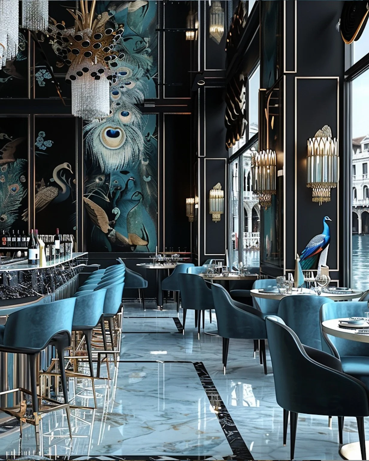 KI-generiertes Interior-Visual des Caffè Saraceno mit blauen Stühlen, Kronleuchter und Pfau-Designelement, Konzept von imagespy.