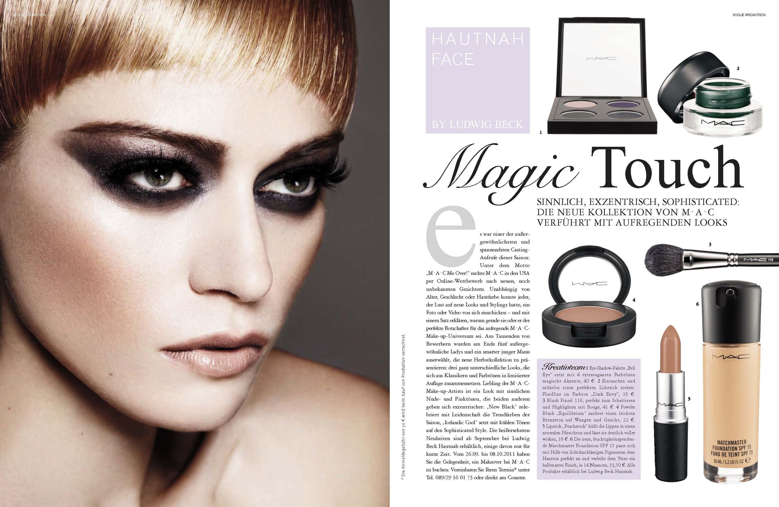 Make-up-Visual „Magic Touch“ von imagespy: Nahaufnahme mit dramatischen Smoky Eyes und M·A·C Cosmetics Produkten wie Lidschatten, Lippenstift und Foundation für VOGUE Hautnah.