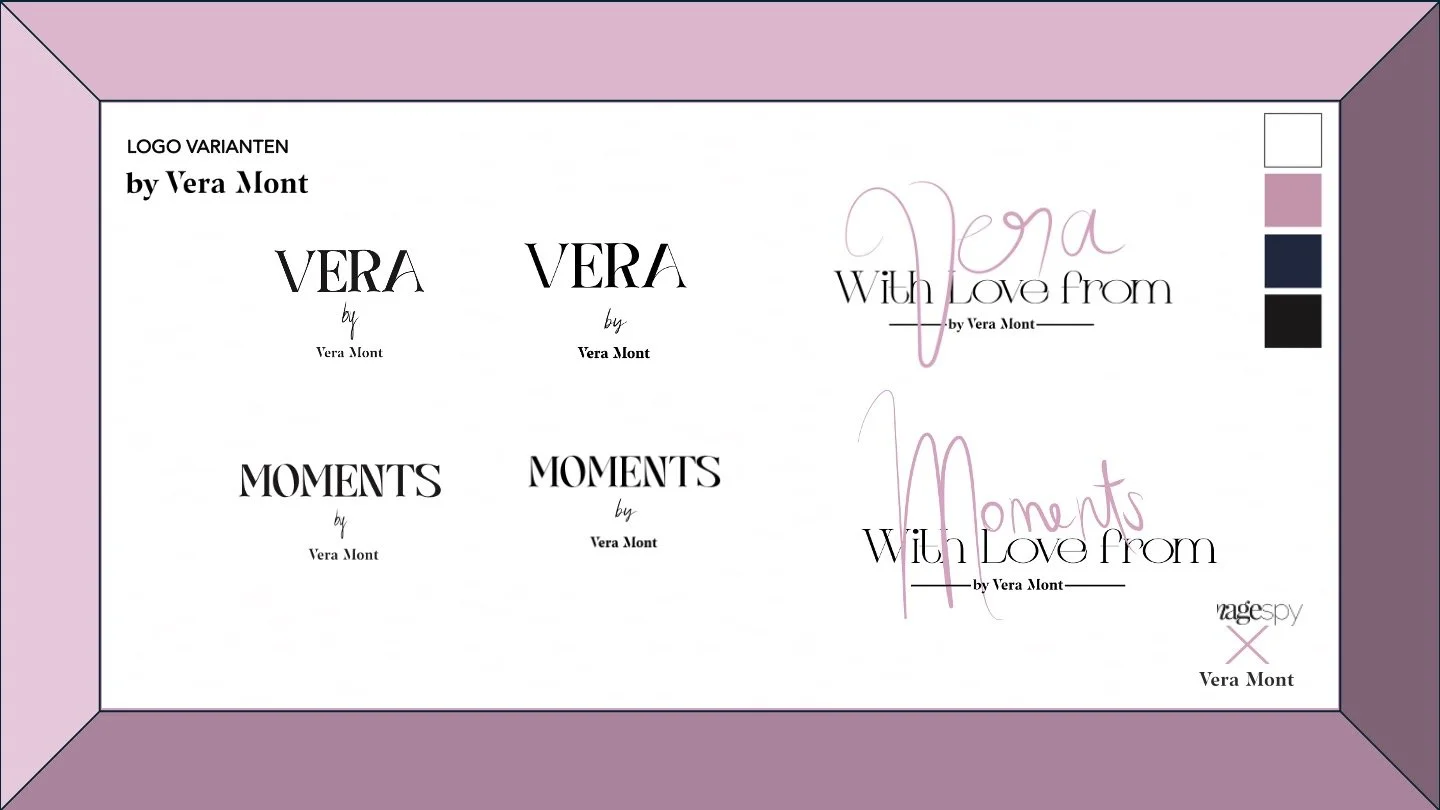 Corporate-Identity-Chart für die Marke Vera by Vera Mont mit Logovarianten, handgeschriebenem Vera-Schriftzug in Flieder und Farbpalette aus Weiß, Schwarz, Violett und Lila, entwickelt von imagespy.