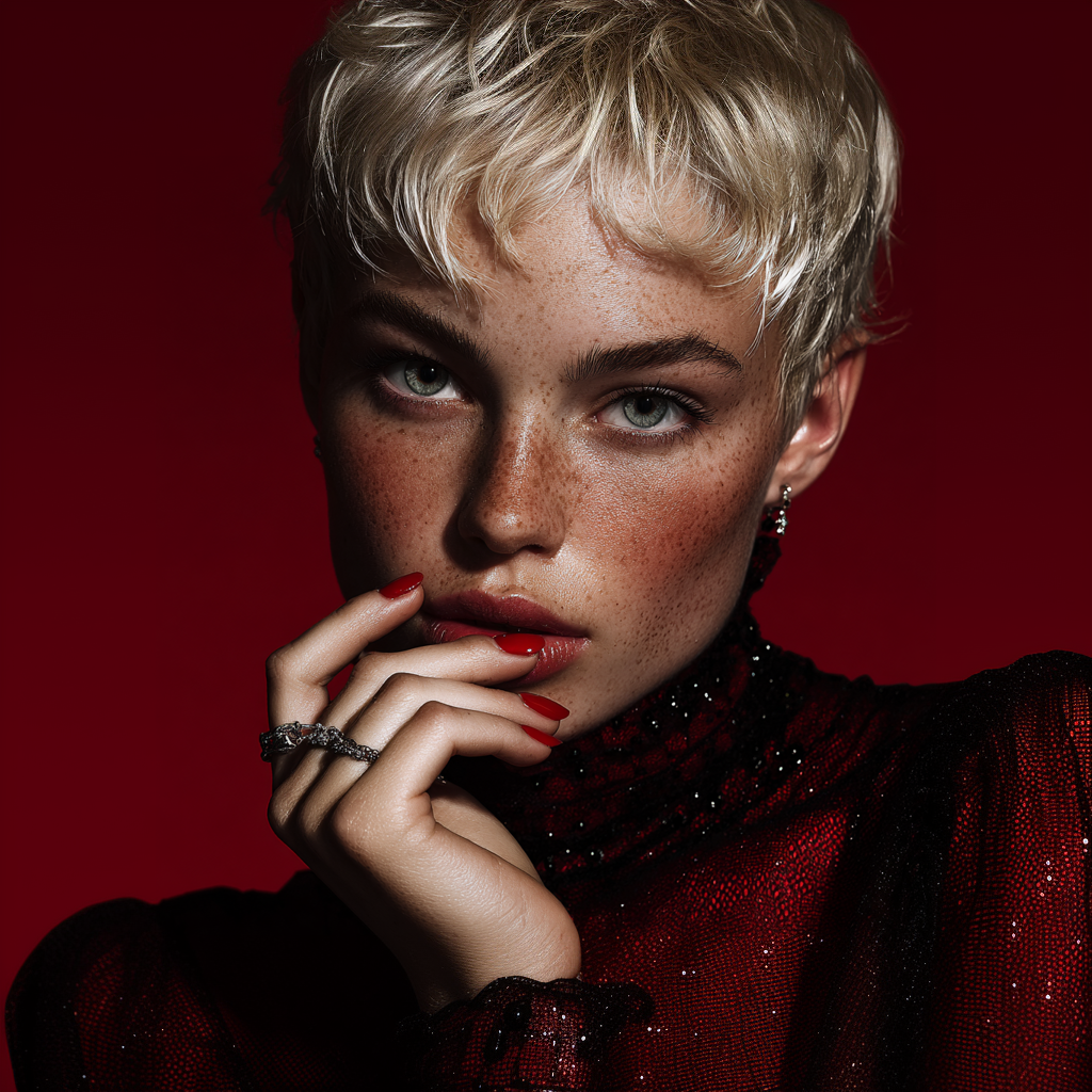 KI-generiertes Beauty-Visual von imagespy mit Nani: hyperrealistisches Face-Close-up mit roten Lippen und Nägeln. Vom Product Shot zur 360°-Kampagne