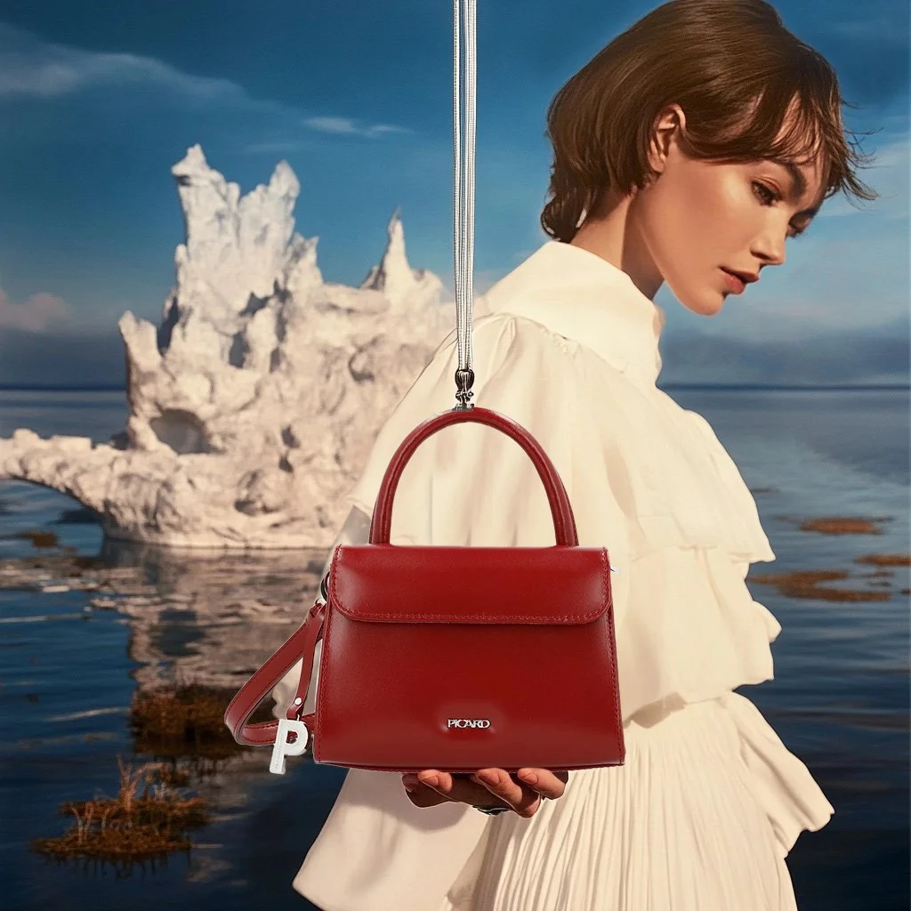 AI-generiertes -Visual von imagespy mit Nani für Picard: Frau hält rote Tasche am Meer vor surrealem weißen Felsen – Symbol für Emotion, Stil und individuelle Geschichten.